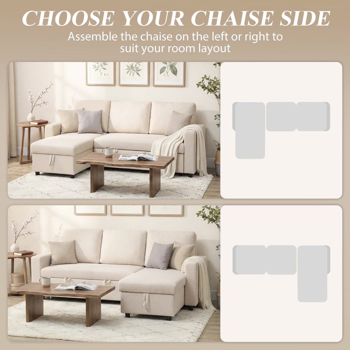 83" Sofa Bed, Convertible Pull Out Sleeper Sofa, Linen L Shaped Sectional Couch with Reversible Storage Chaise, Wide and Deep Seat for Living Room, Apartment, Cream White