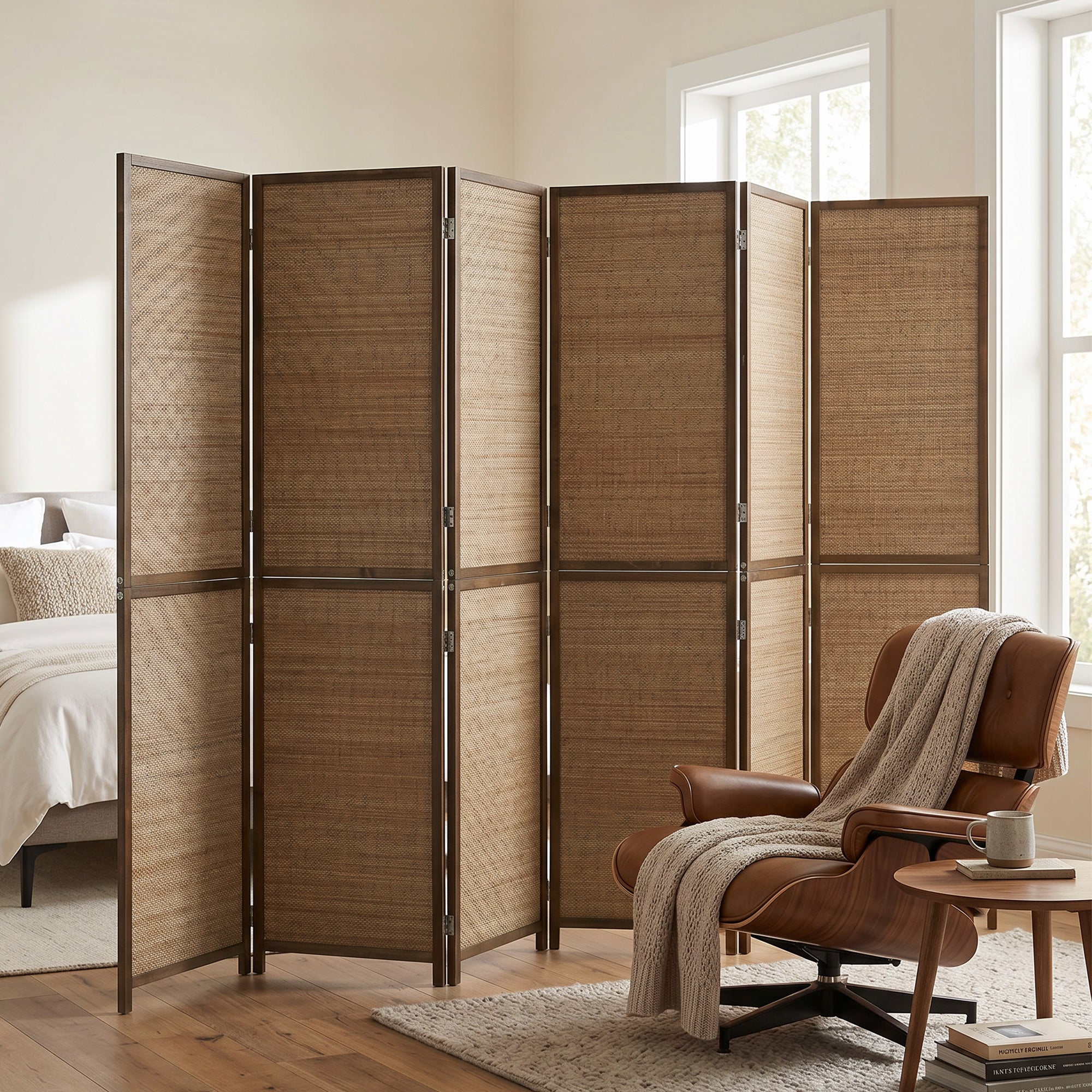 Room Divider, 6 FT Tall Folding Privacy Screen, 6 Panel Hand-Woven Bamboo Wall Partition for Room Separation, Portable Boho Freestanding Wall Divider for Bedroom, Home Office, Brown