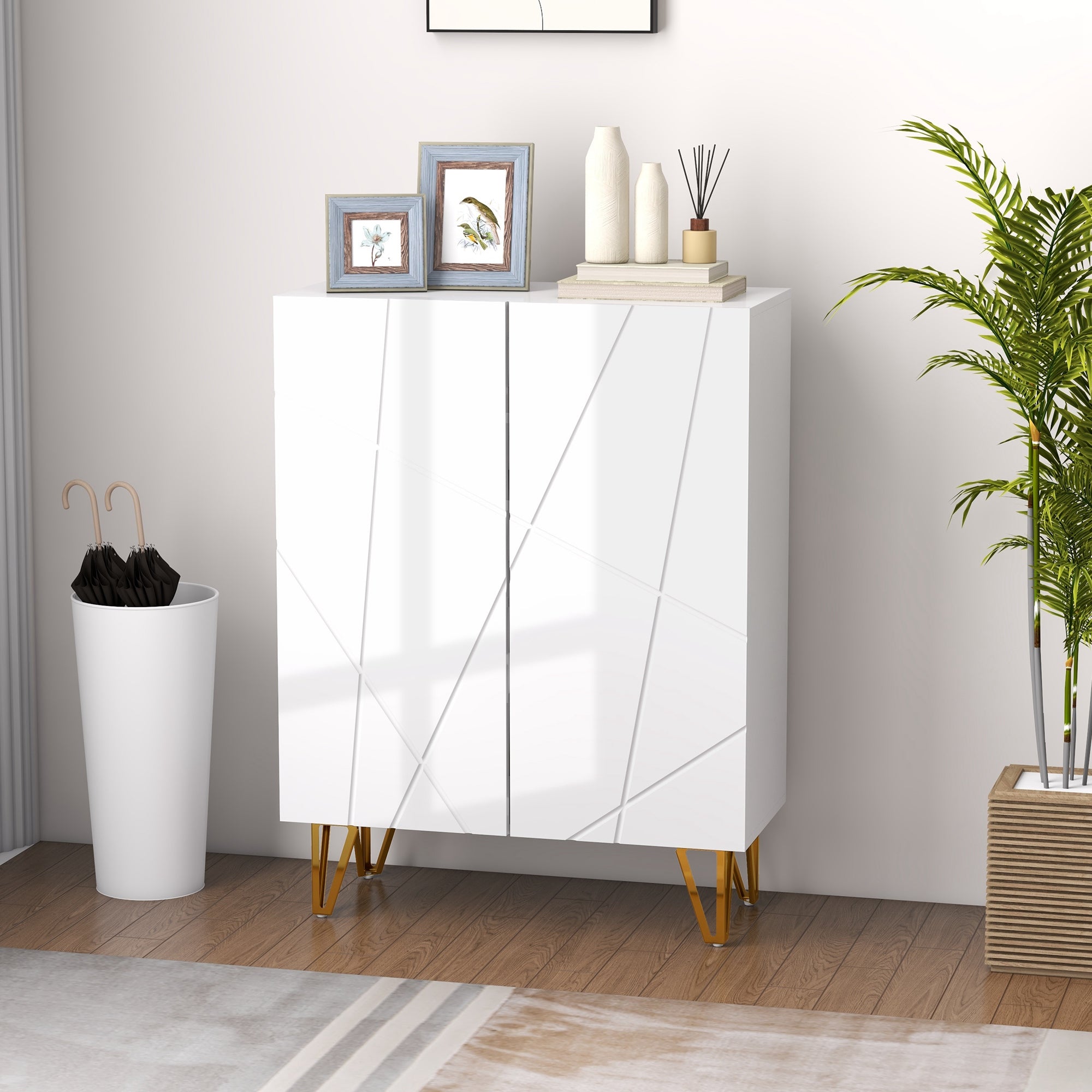 HOMCOM Narrow Shoe Cabinet with High Gloss, Slim Shoe Storage Cabinet with Soft-Close Hinges and Adjustable Shelves for 15-20 Pairs of Shoes, White