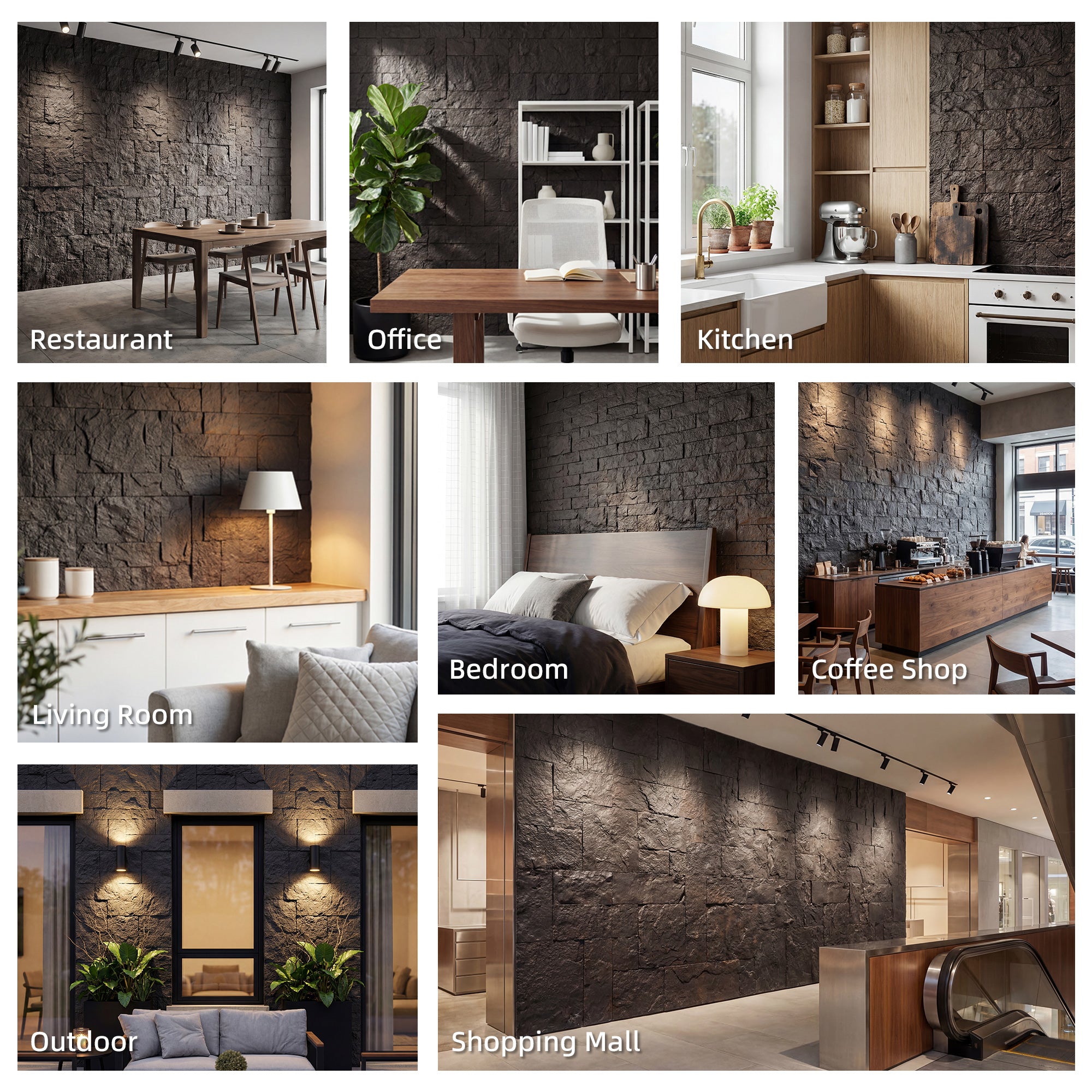 8-Pack 3D Faux Stone Wall Panels, Lightweight Polyurethane Panels for Interior and Exterior Accent Walls, Water-Resistant, 4' x 2', Cover 61.8 Sq.Ft., 1" Thick, Black