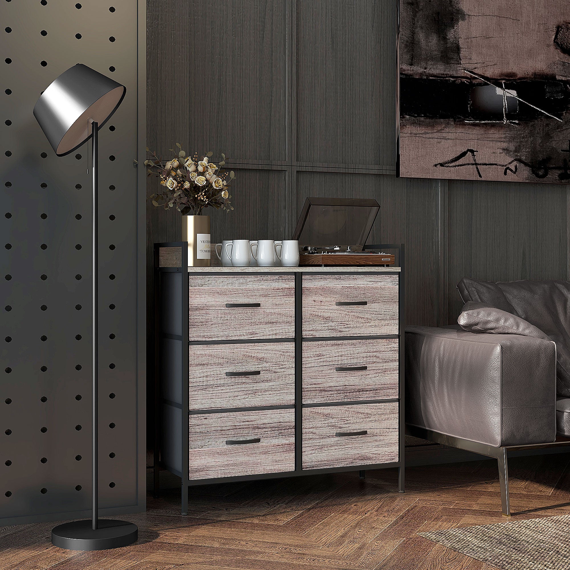 HOMCOM Bedroom Chest of Drawers, Fabric Dresser with 6 Drawers, Storage Organiser Unit with Open Shelf and Metal Frame for Living Room, Entryway, Grey Wood Effect