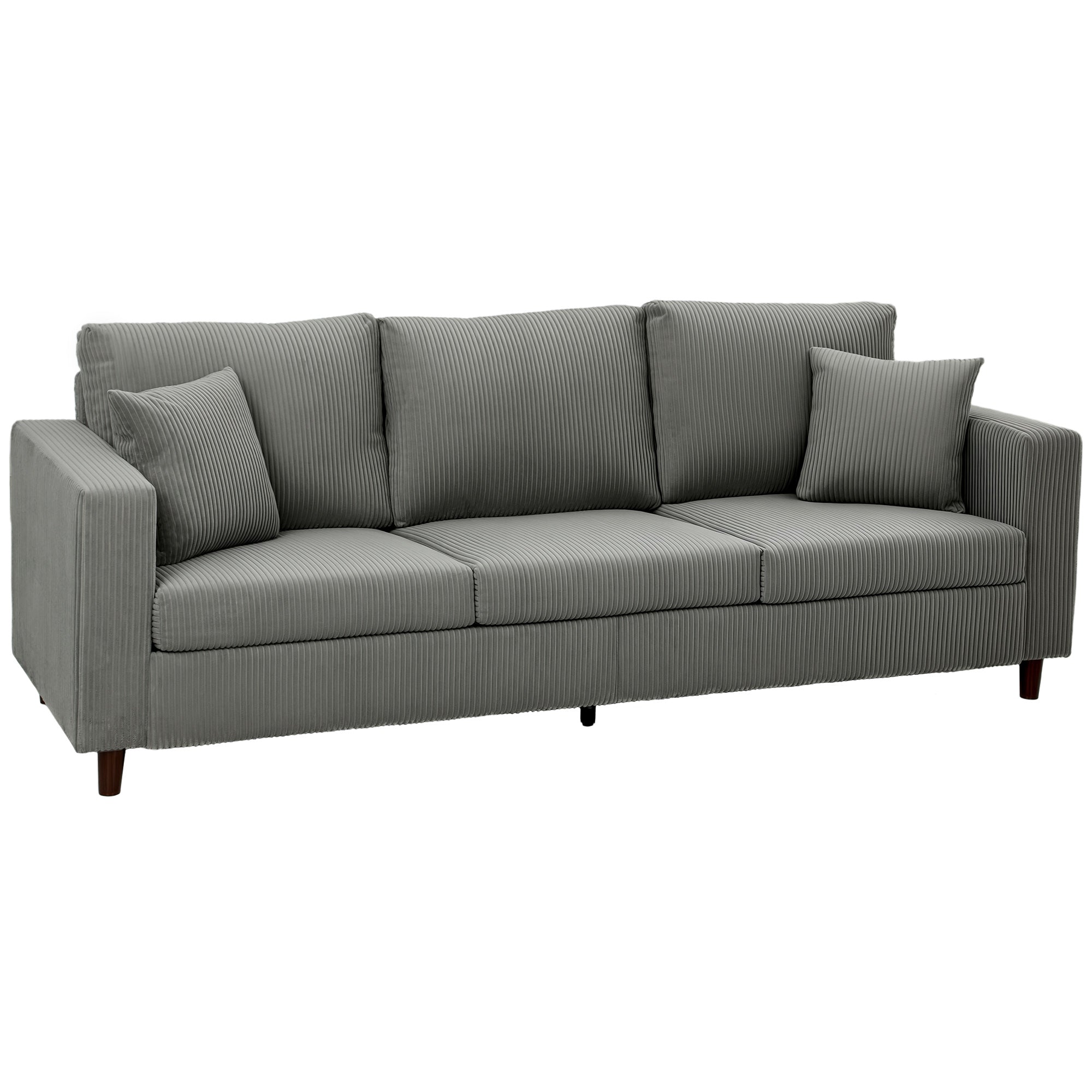 3 Seater Sofa, 225 cm Comfy Corduroy Couch with Wide Deep Seat, Wide Armrests, Spring Cushion, Thick Padded, Solid Wood Legs, Fabric Sofa for Living Room, Light Grey