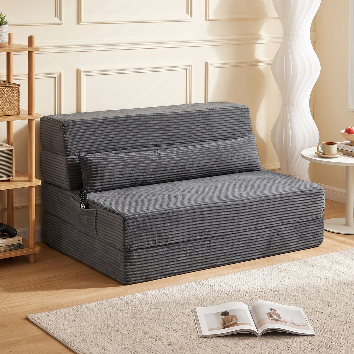 Floor Chair with Back Support, Corduroy Folding Sleeper Sofa, Boneless Cloud Floor Gaming Chair with Thick Cushion, Lumbar Pillow, Side Pockets for Living Room, Dark Grey