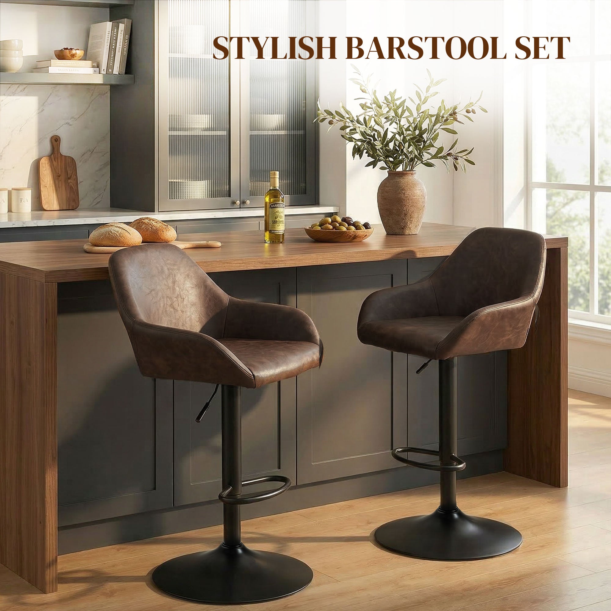 Adjustable Bar Stools Set of 2, Swivel Dining Chairs with Footrest and Back, Modern PU Leather and Steel Round Base, for Kitchen Counter and Dining Room, Coffee