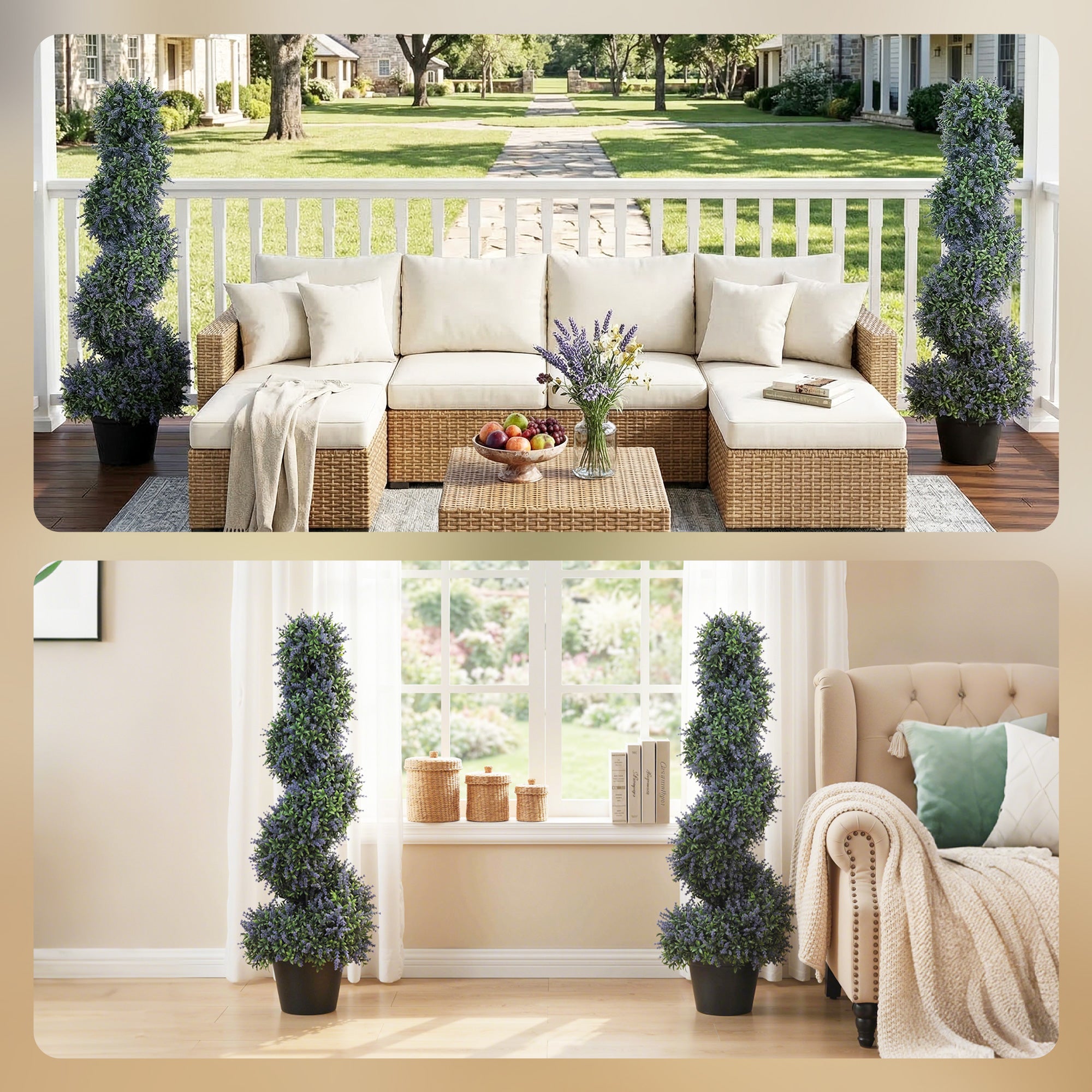 Set of 2 Artificial Lavender Topiary Tree, Spiral Topiary Tree with 315 Leaves and 315 Flowers, Fake Plants in Pot for Indoor Outdoor Decor, 90cm, Purple