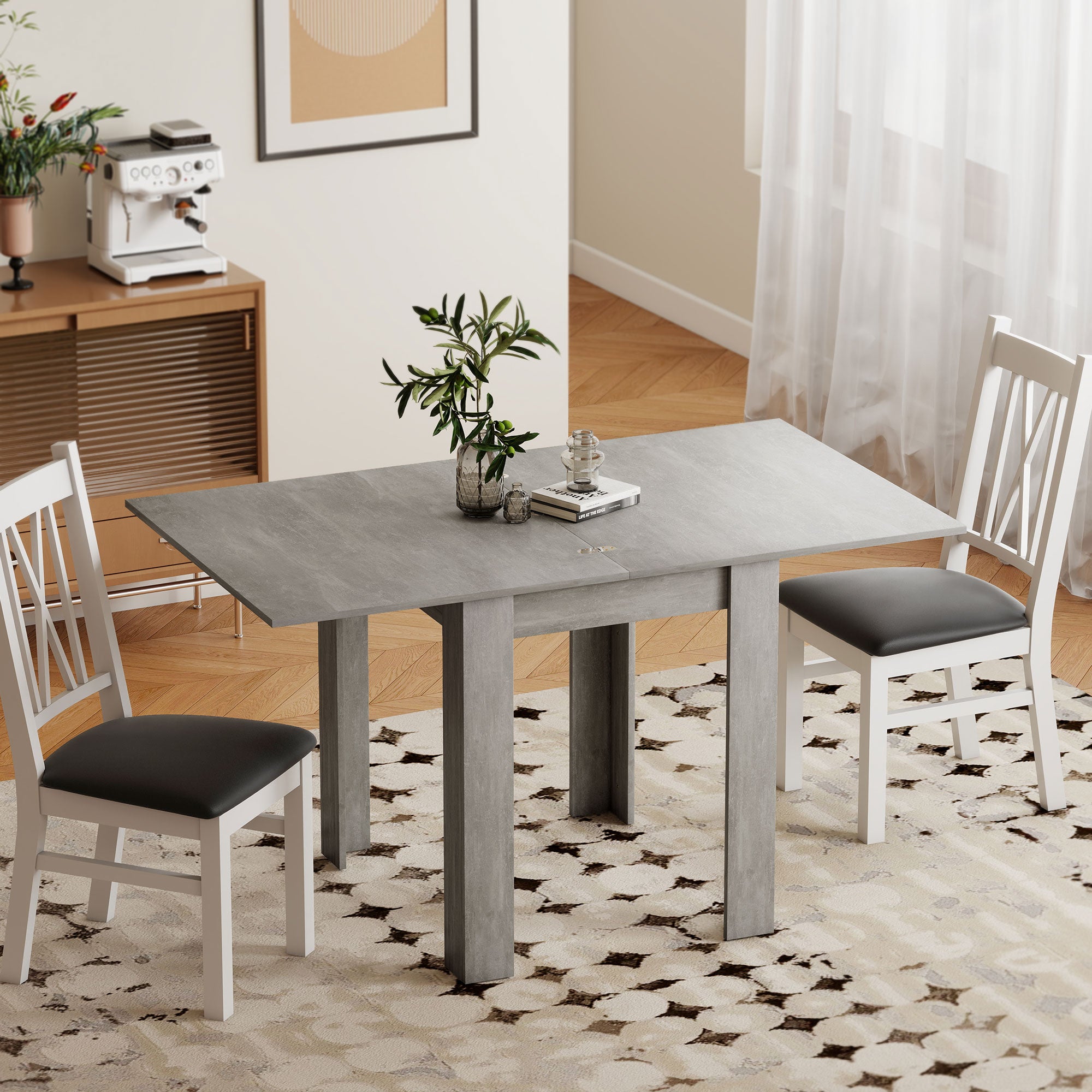 Folding Dining Table for 4-6, Rectangular Extendable Drop Leaf Table for Small Spaces, Dining Room, Kitchen, 140 x 80 x 77.5 cm, Grey