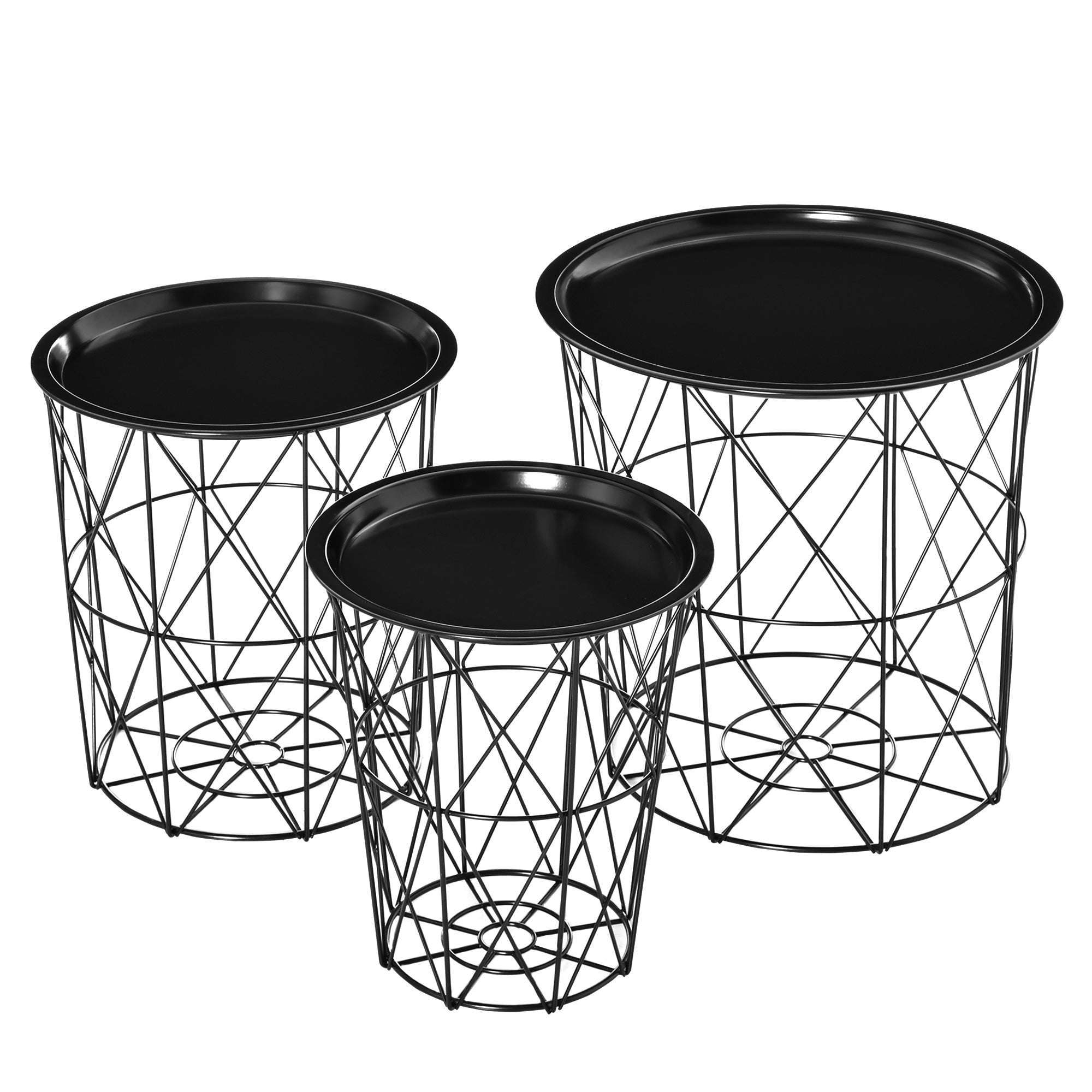 HOMCOM Set of 3 Nesting Coffee Tables with Storage, Round End Table with Removable Tray, Basket Side Tables with Metal Frame for Living Room, Black