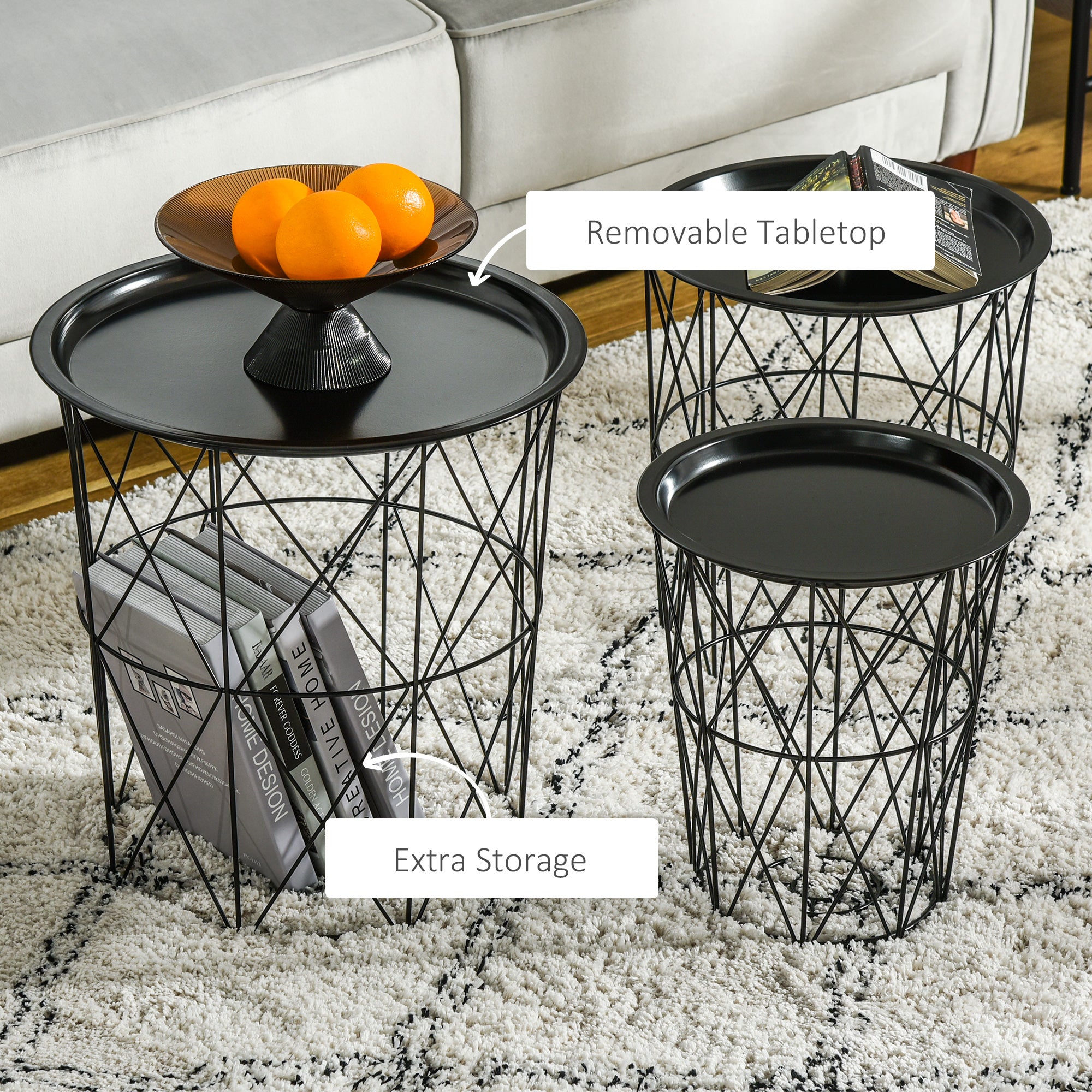 HOMCOM Set of 3 Nesting Coffee Tables with Storage, Round End Table with Removable Tray, Basket Side Tables with Metal Frame for Living Room, Black