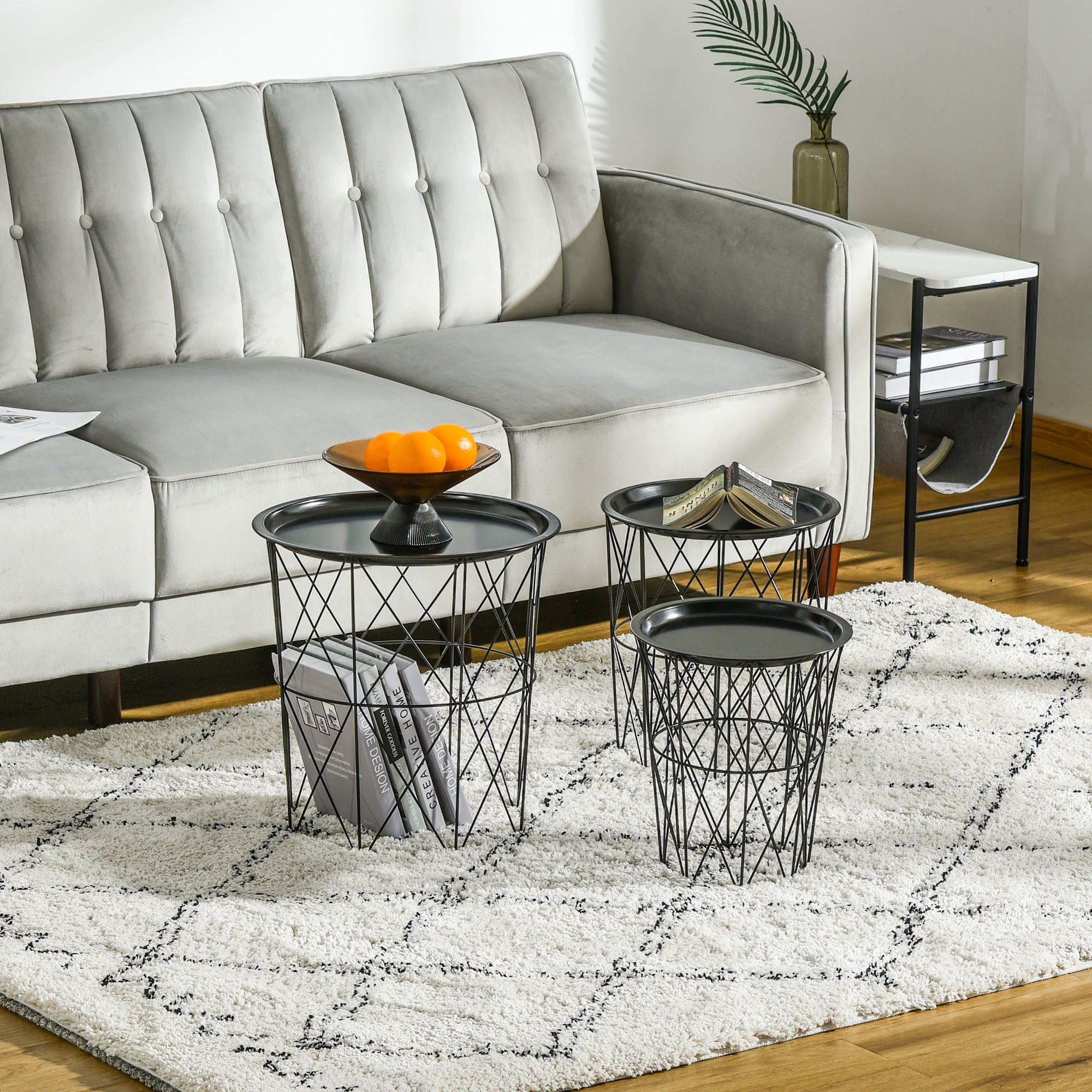 HOMCOM Set of 3 Nesting Coffee Tables with Storage, Round End Table with Removable Tray, Basket Side Tables with Metal Frame for Living Room, Black