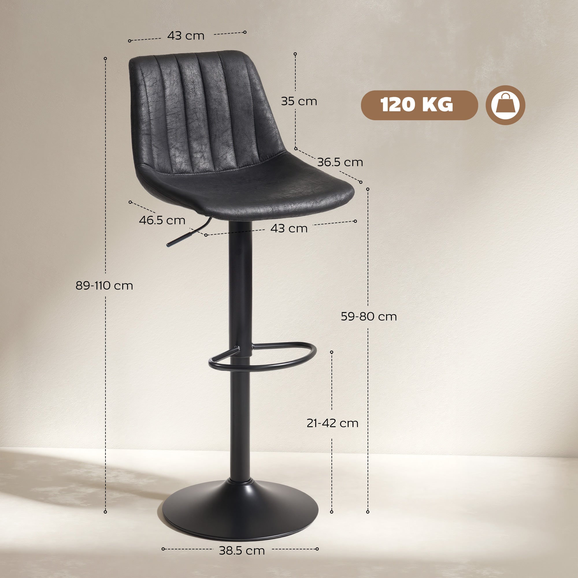 Modern Bar Stools Set of 2, Height Adjustable Swivel Bar Chairs with Backrest, Gas Lift and Footrest, Leathaire Barstools for Breakfast Counter, Kitchen Island, Black