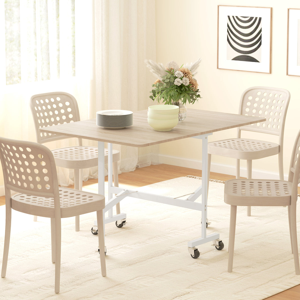 Mobile Drop Leaf Table, Folding Dining Table with 6 Wheels & Brakes, Rolling Kitchen Table for Small Spaces, 47.2", Oak