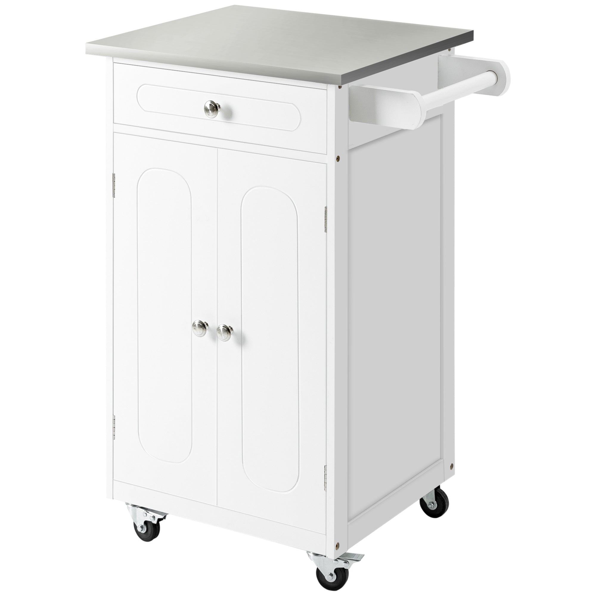 HOMCOM Kitchen Cart, Small Kitchen Island, Stainless Steel Top Utility Trolley on Wheels with Storage Drawer for Dining Room, Kitchen (White)