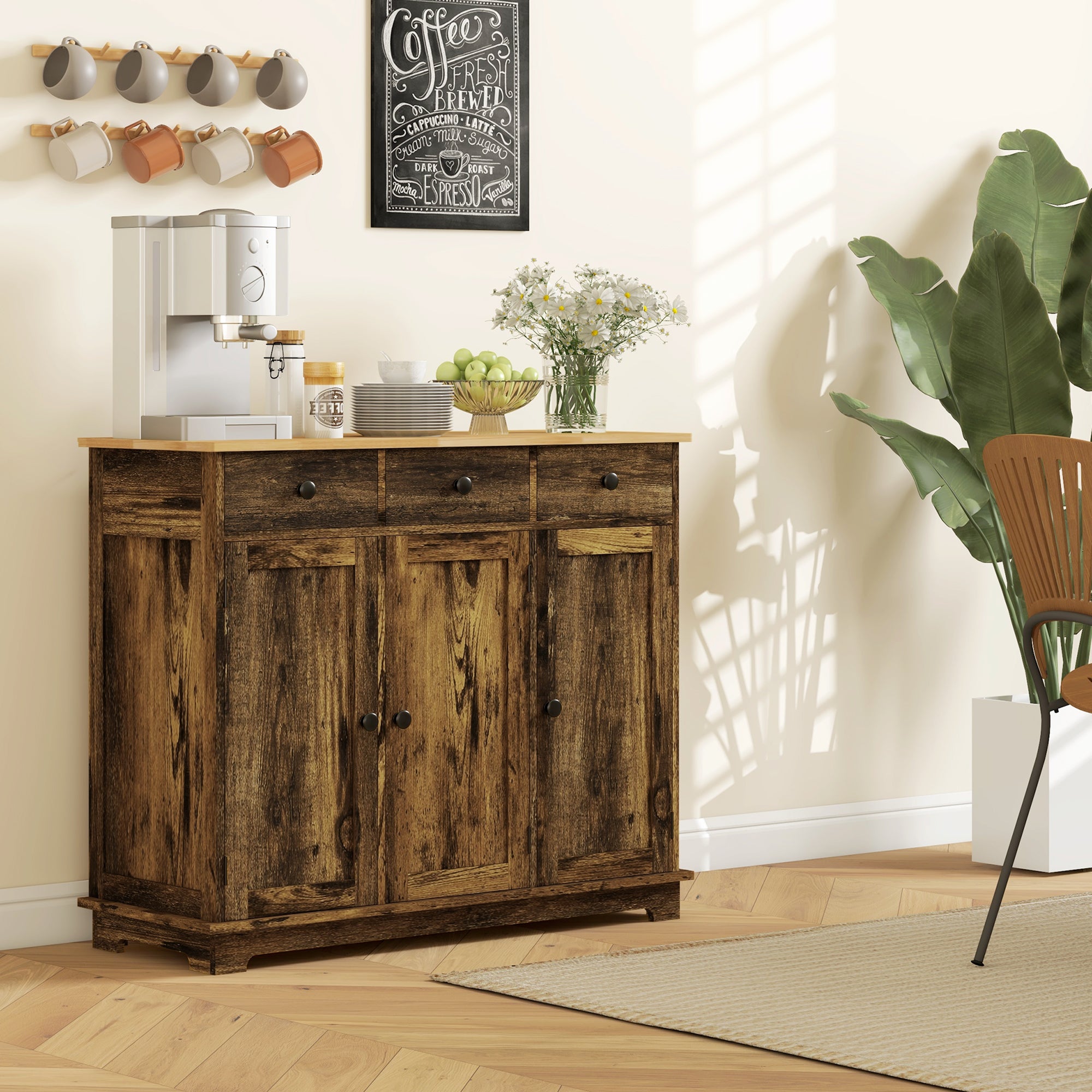 Kitchen Storage Cabinet, Sideboard Floor Cupboard with Solid Wood Top, Adjustable Shelf, and 3 Drawers, Brown