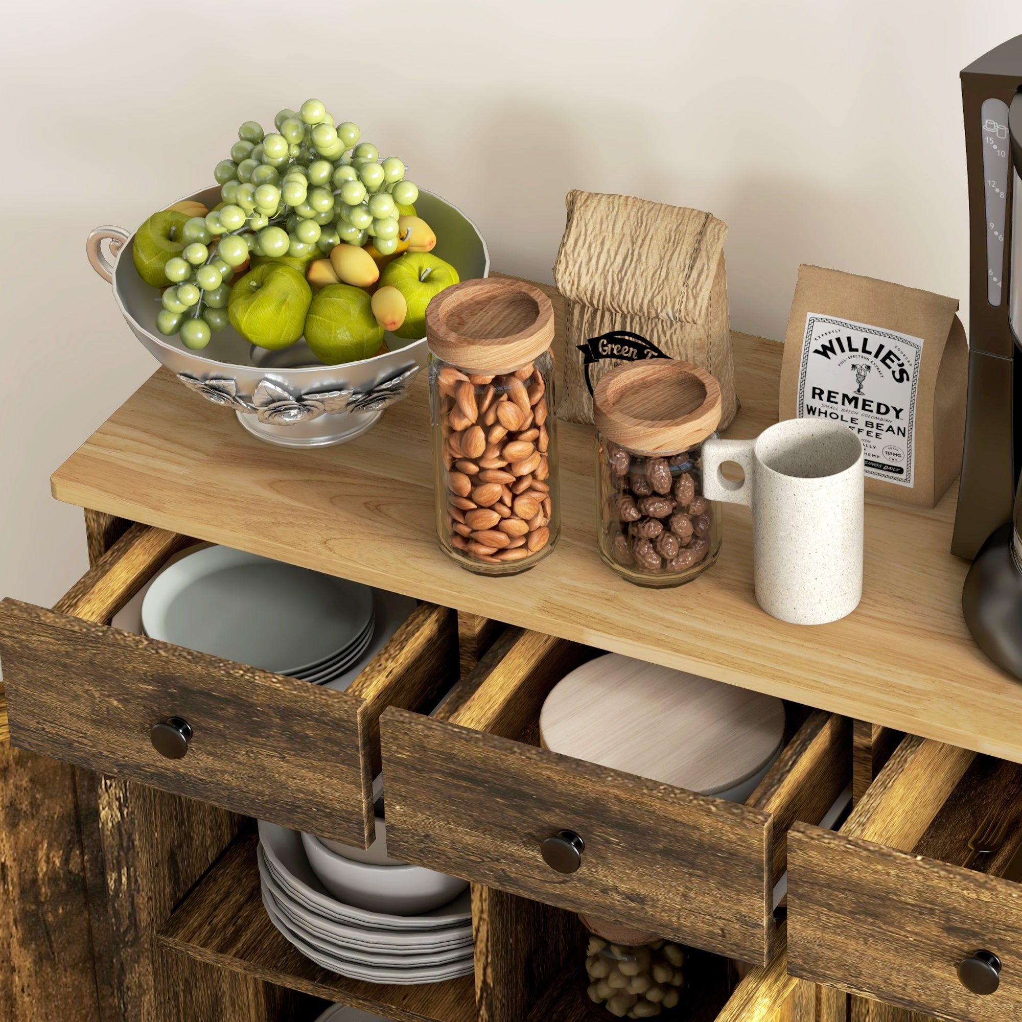 Kitchen Storage Cabinet, Sideboard Floor Cupboard with Solid Wood Top, Adjustable Shelf, and 3 Drawers, Brown