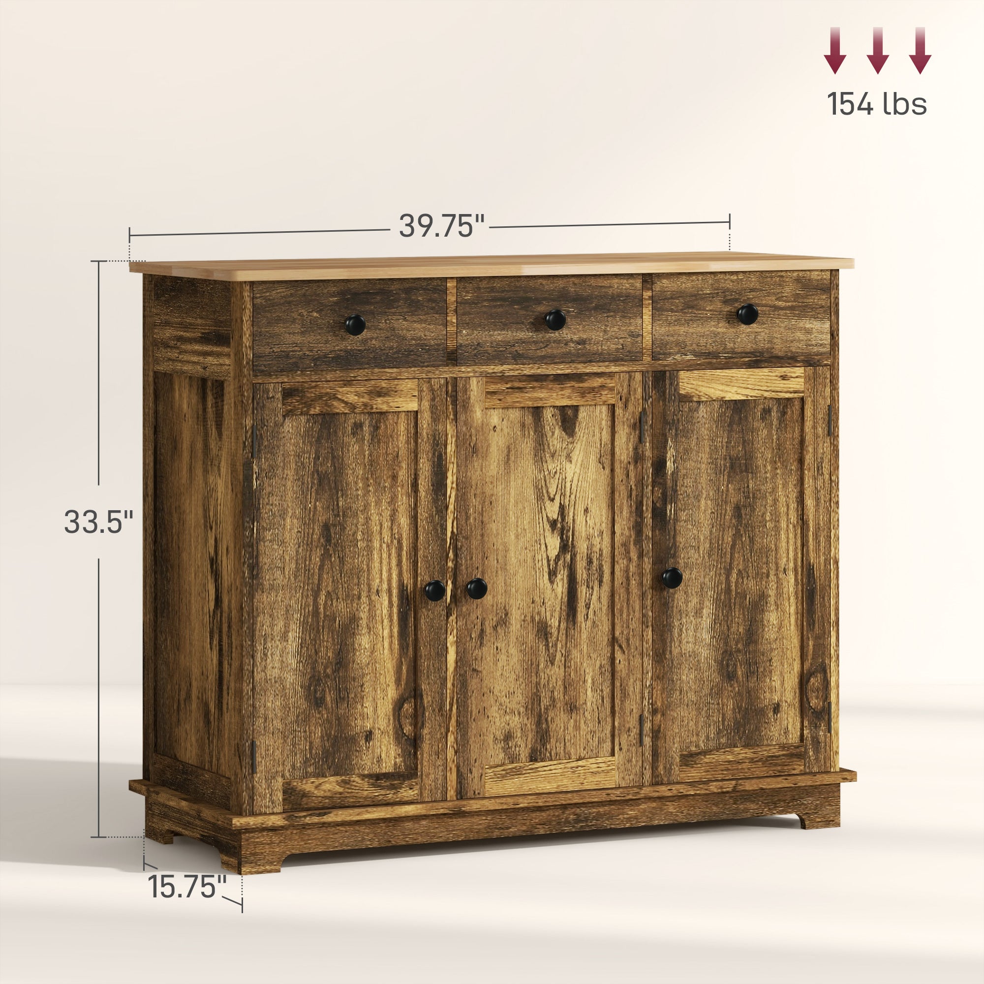 Kitchen Storage Cabinet, Sideboard Floor Cupboard with Solid Wood Top, Adjustable Shelf, and 3 Drawers, Brown