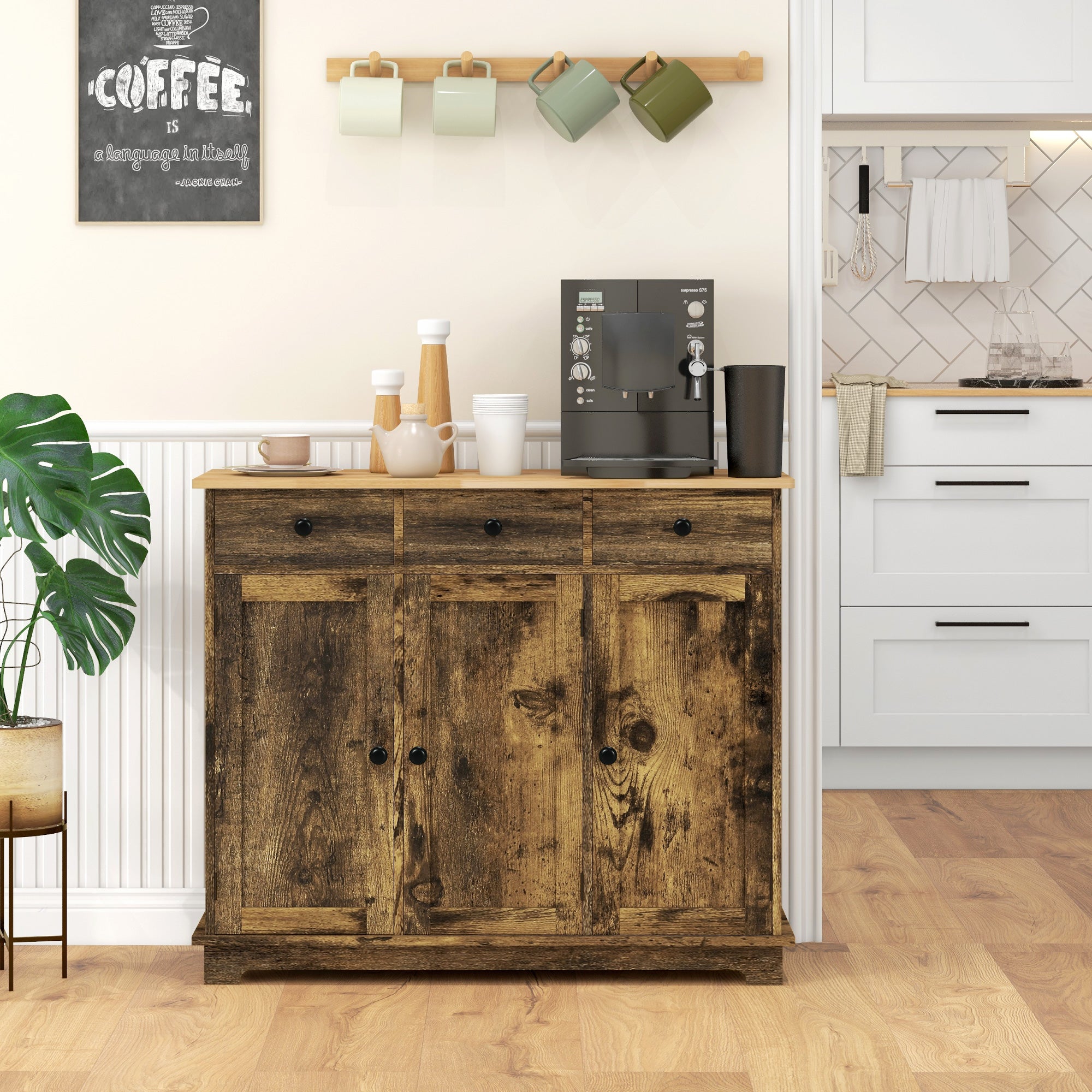 Kitchen Storage Cabinet, Sideboard Floor Cupboard with Solid Wood Top, Adjustable Shelf, and 3 Drawers, Brown