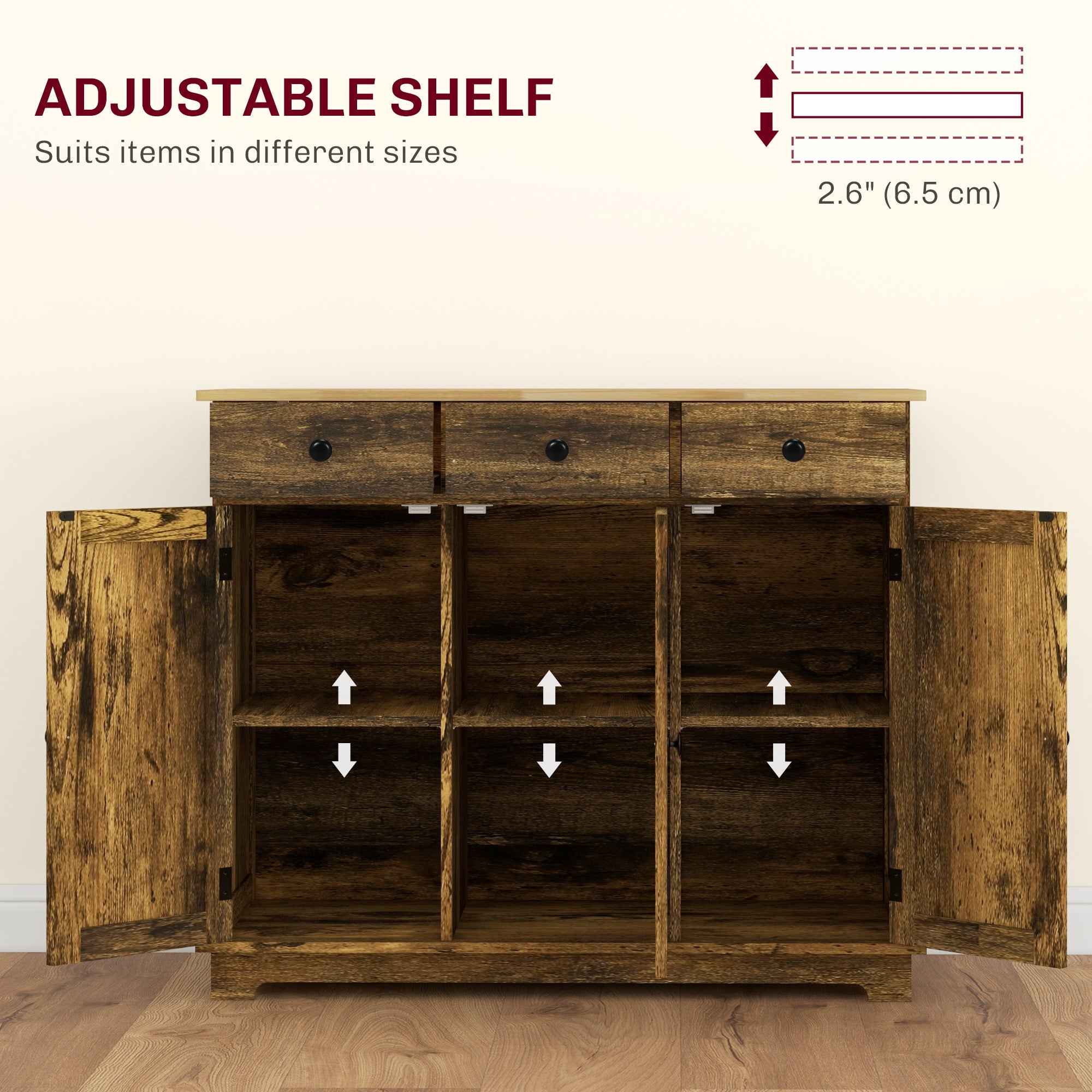 Kitchen Storage Cabinet, Sideboard Floor Cupboard with Solid Wood Top, Adjustable Shelf, and 3 Drawers, Brown