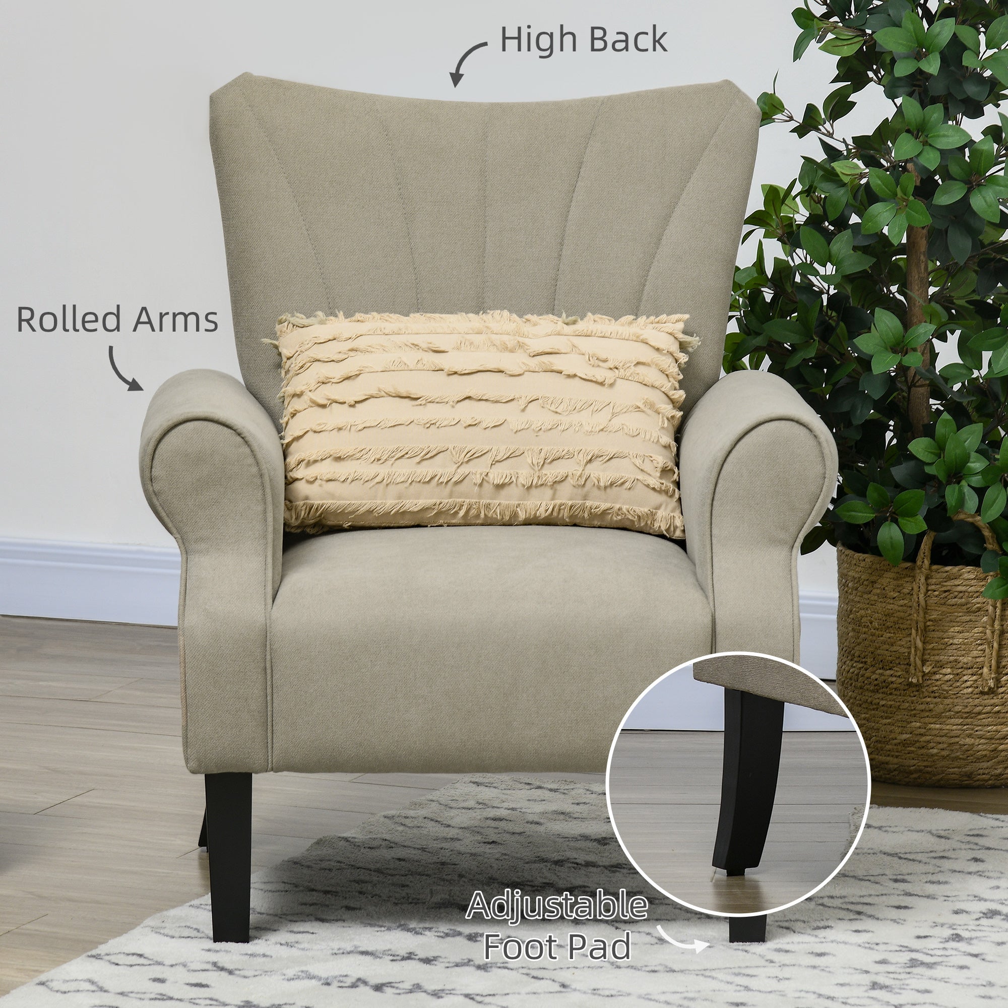 HOMCOM Fabric Accent Chair, Upholstered Armchair, Modern Wingback Living Room Chair with Wood Legs, Rolled Arms and Thick Padding, Beige