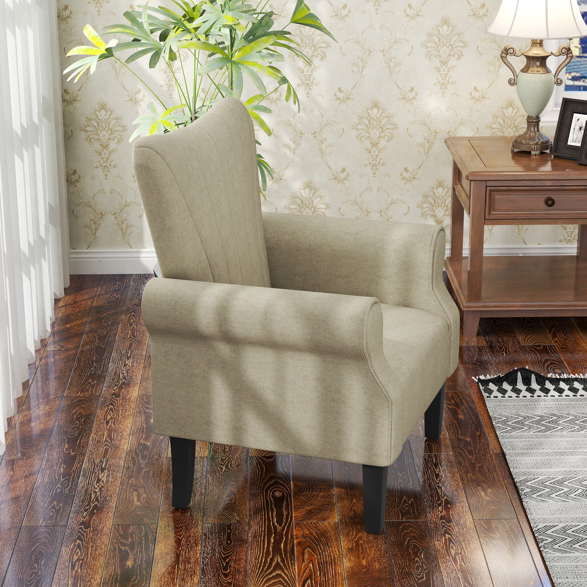 HOMCOM Fabric Accent Chair, Upholstered Armchair, Modern Wingback Living Room Chair with Wood Legs, Rolled Arms and Thick Padding, Beige