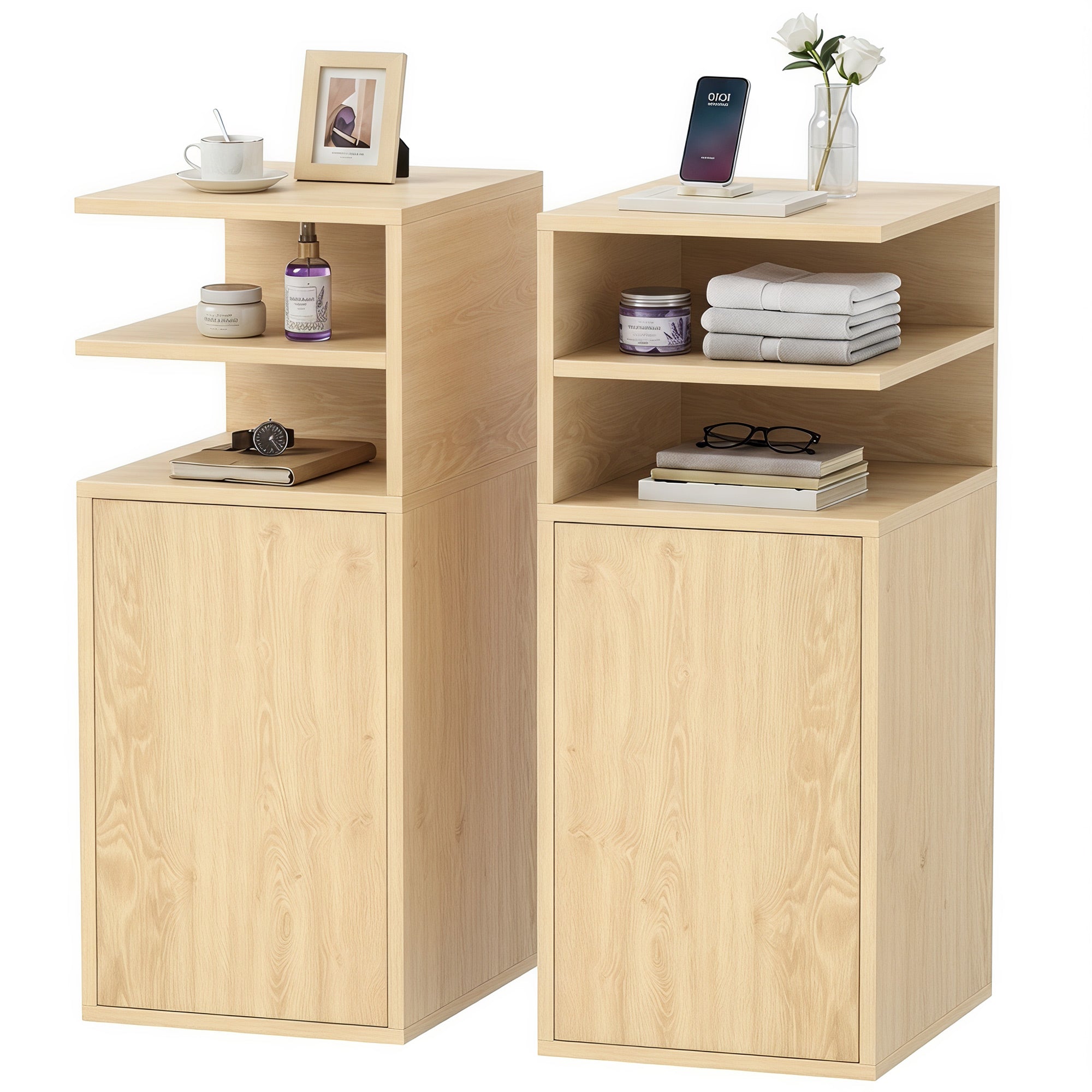 Slim Bedside Table Set of 2, Narrow Bedside Cabinet with Open Cubbies and Cupboard, Side End Table for Bedroom Living Room Compact Nooks, 30 x 25 x 60 cm, Oak