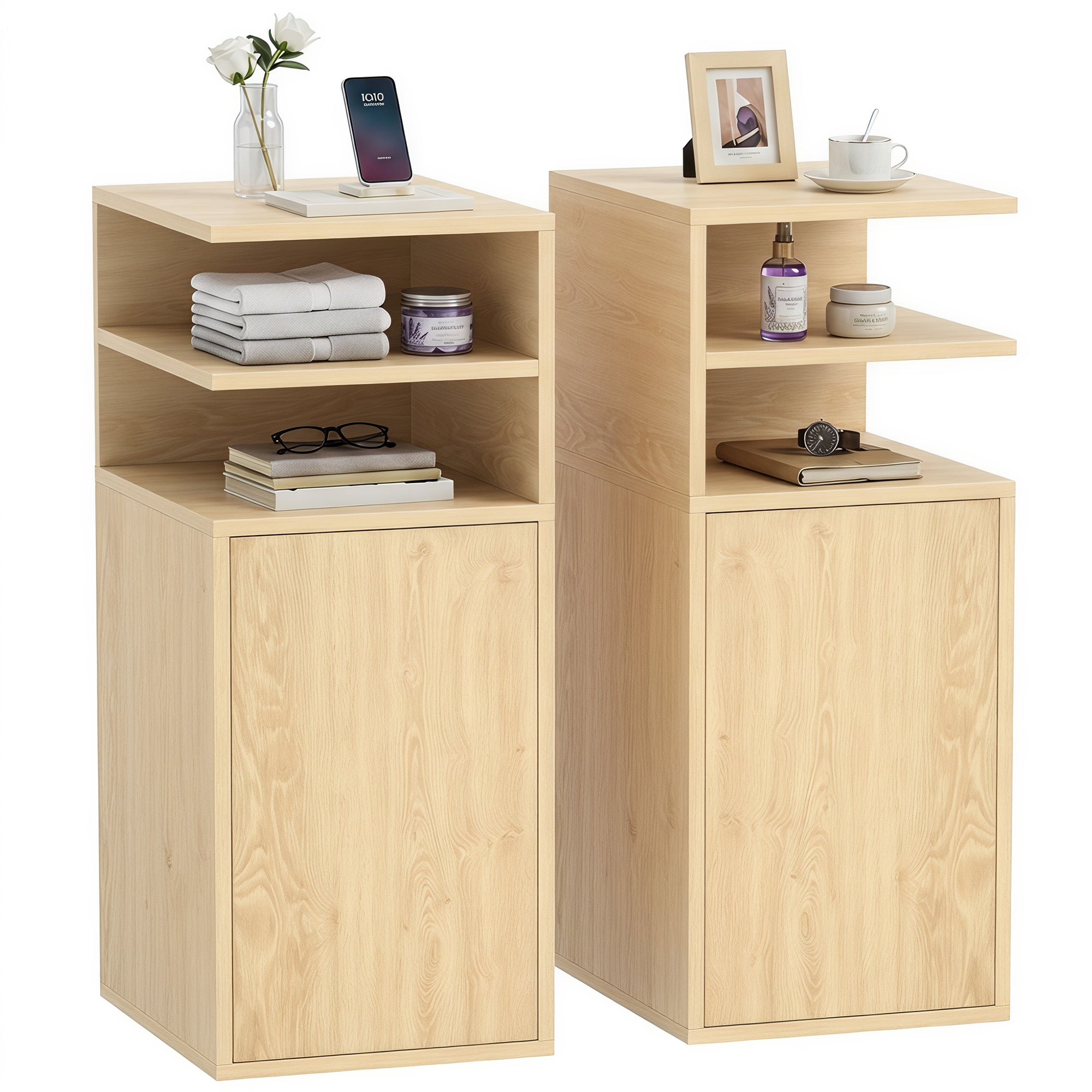 Slim Bedside Table Set of 2, Narrow Bedside Cabinet with Open Cubbies and Cupboard, Side End Table for Bedroom Living Room Compact Nooks, 30 x 25 x 60 cm, Oak