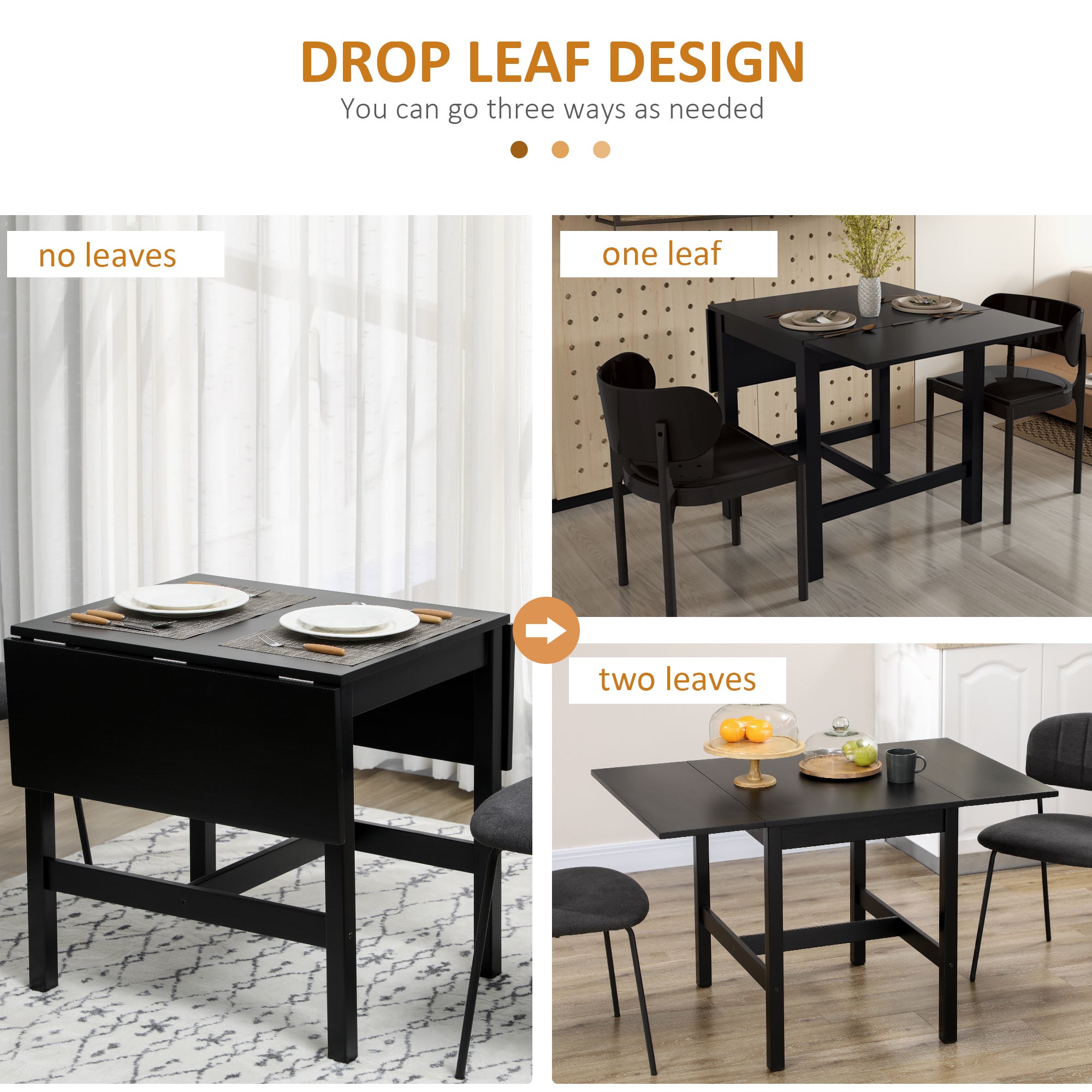 Folding Dining Table with Solid Wood Frame, Collapsible Drop Leaf Table for Small Spaces, Extendable Kitchen Table, Black