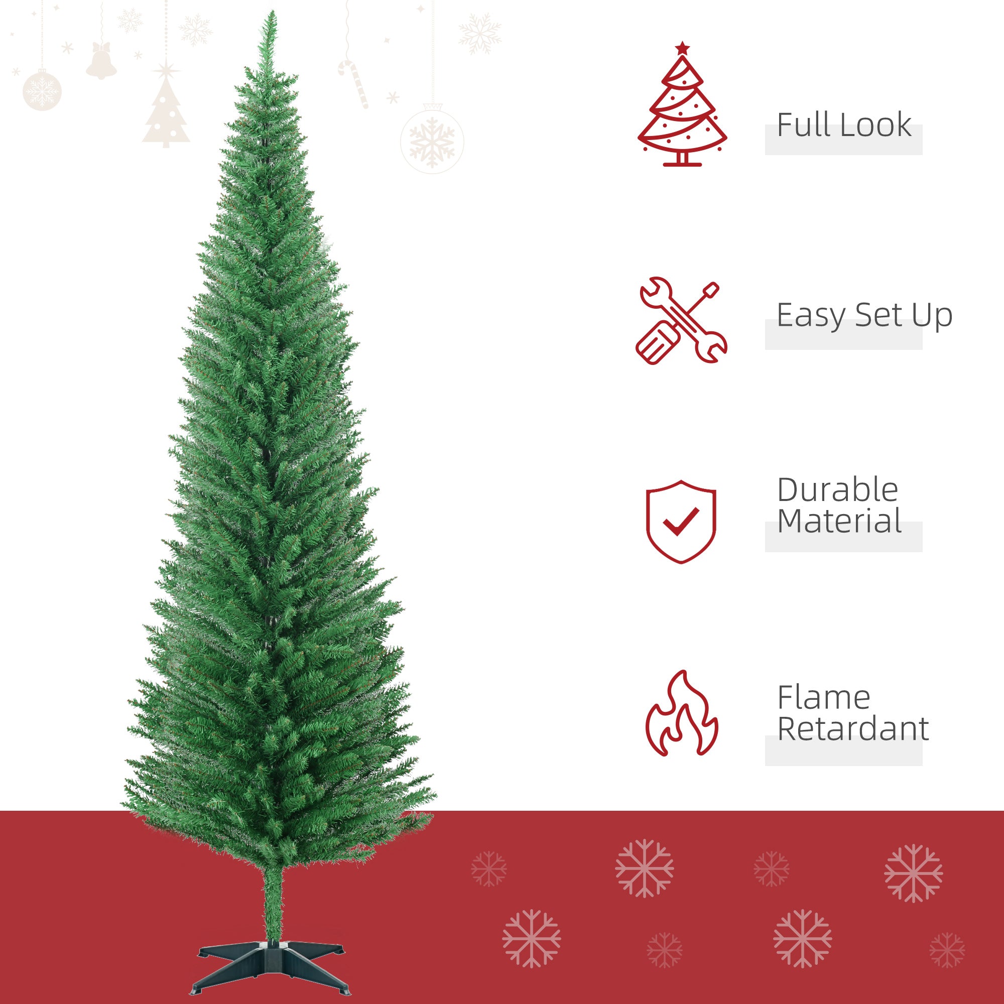 7FT Decorated Christmas Tree Pencil Tree with 499 Realistic Branch Tips and Plastic Stand Light Green