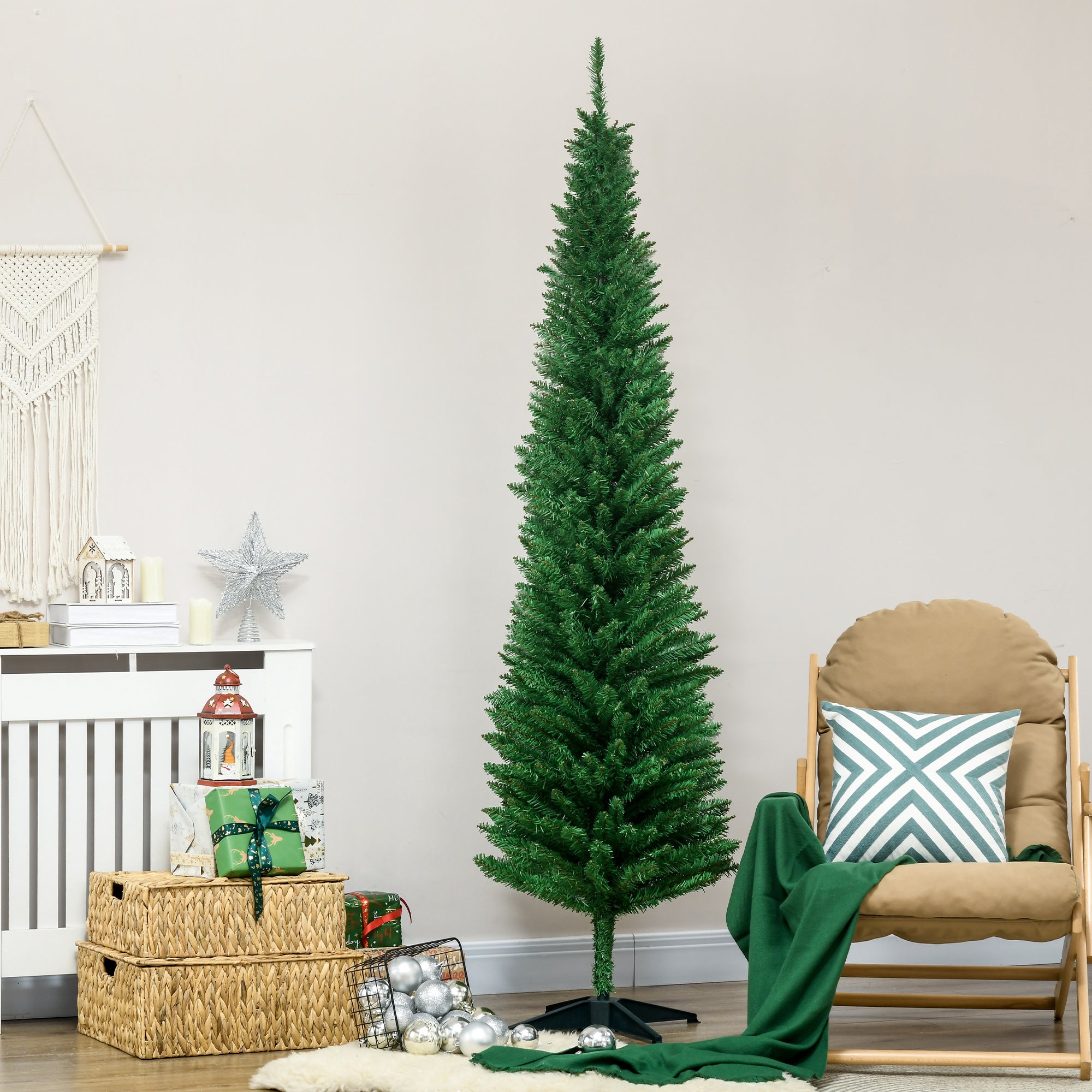 7FT Decorated Christmas Tree Pencil Tree with 499 Realistic Branch Tips and Plastic Stand Light Green