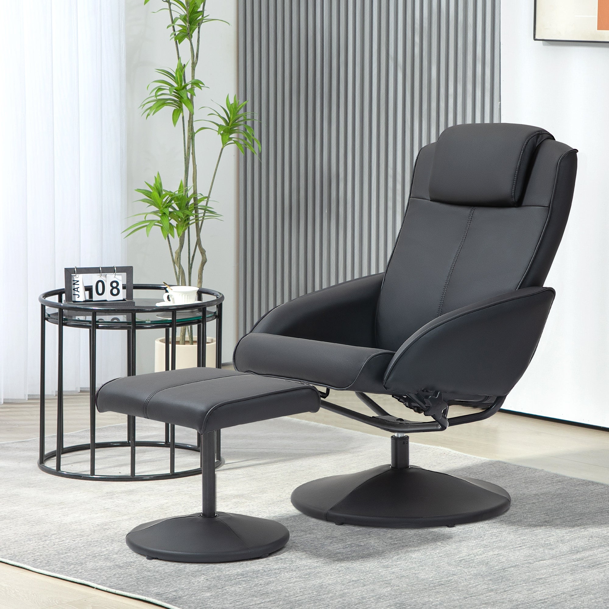 HOMCOM Recliner Chair and Footstool, Swivel PU Leather Upholstered Armchair with Footstool and Adjustable Backrest for Living Room, Bedroom, Black