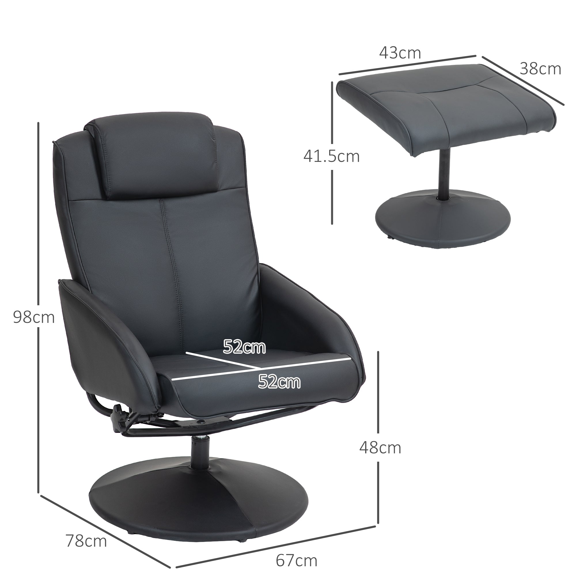HOMCOM Recliner Chair and Footstool, Swivel PU Leather Upholstered Armchair with Footstool and Adjustable Backrest for Living Room, Bedroom, Black