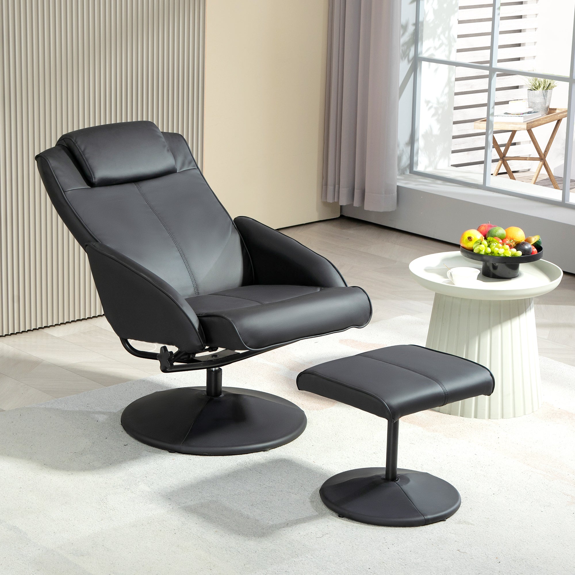 HOMCOM Recliner Chair and Footstool, Swivel PU Leather Upholstered Armchair with Footstool and Adjustable Backrest for Living Room, Bedroom, Black