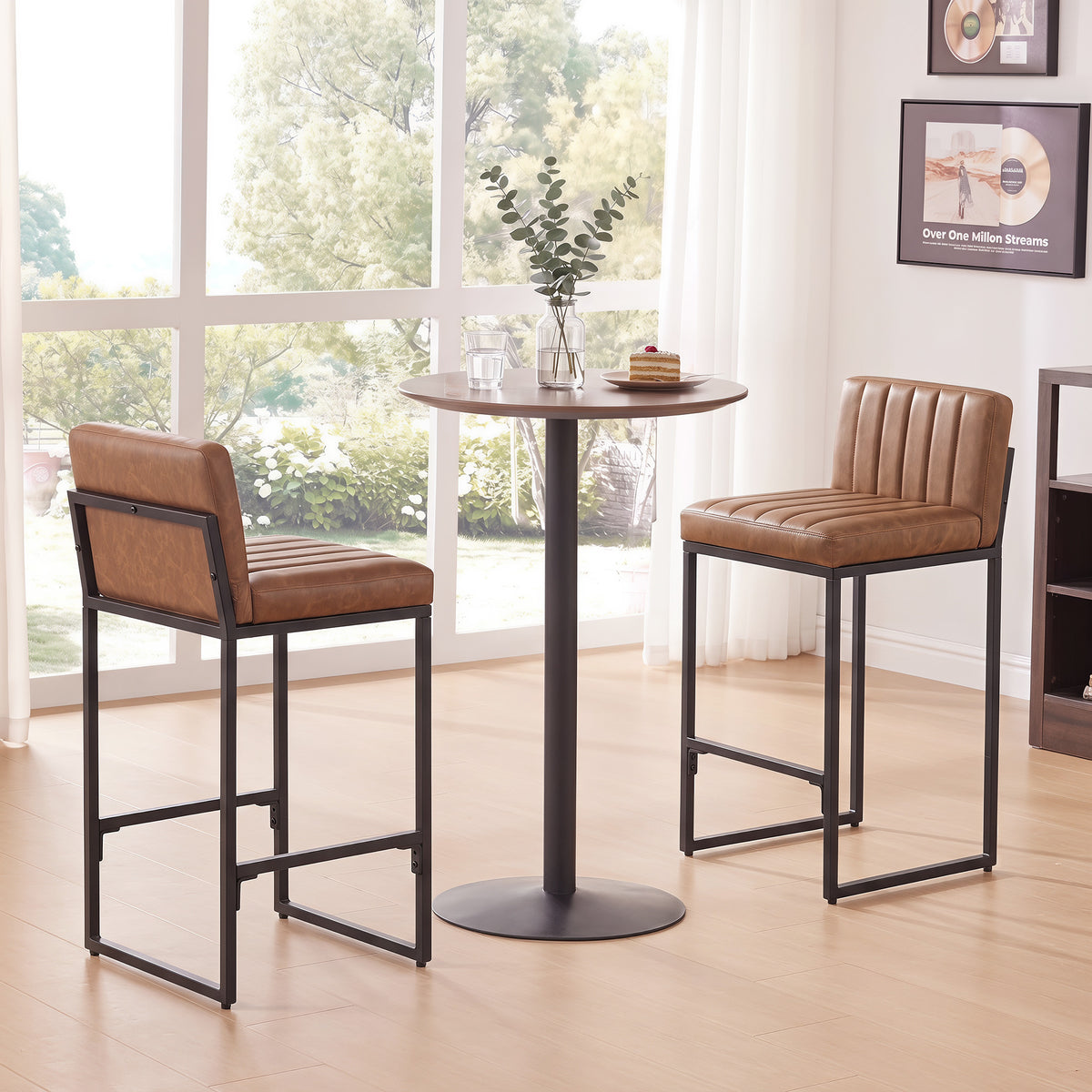 Bar Stools Set of 2, Retro Padded Counter Height Stools with Back and Metal Leg, Vintage PU Leather, Easy-Clean Kitchen Chairs, Brown