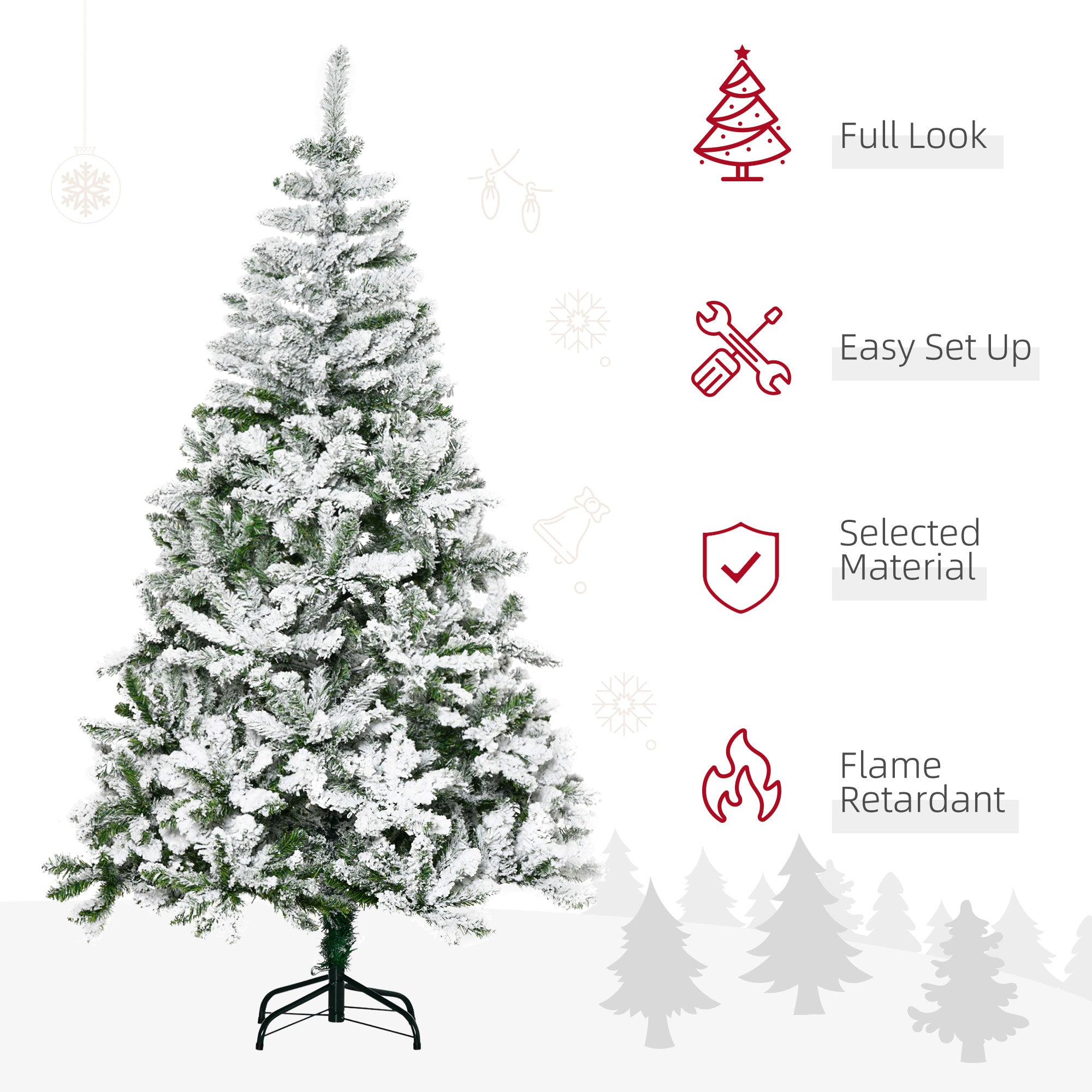 HOMCOM 6ft Snow Flocked Artificial Christmas Tree, Unlit Pine Christmas Tree with 750 Branches Tips, Steel Base, Automatic Open for Indoor Home Holiday Decoration, Green