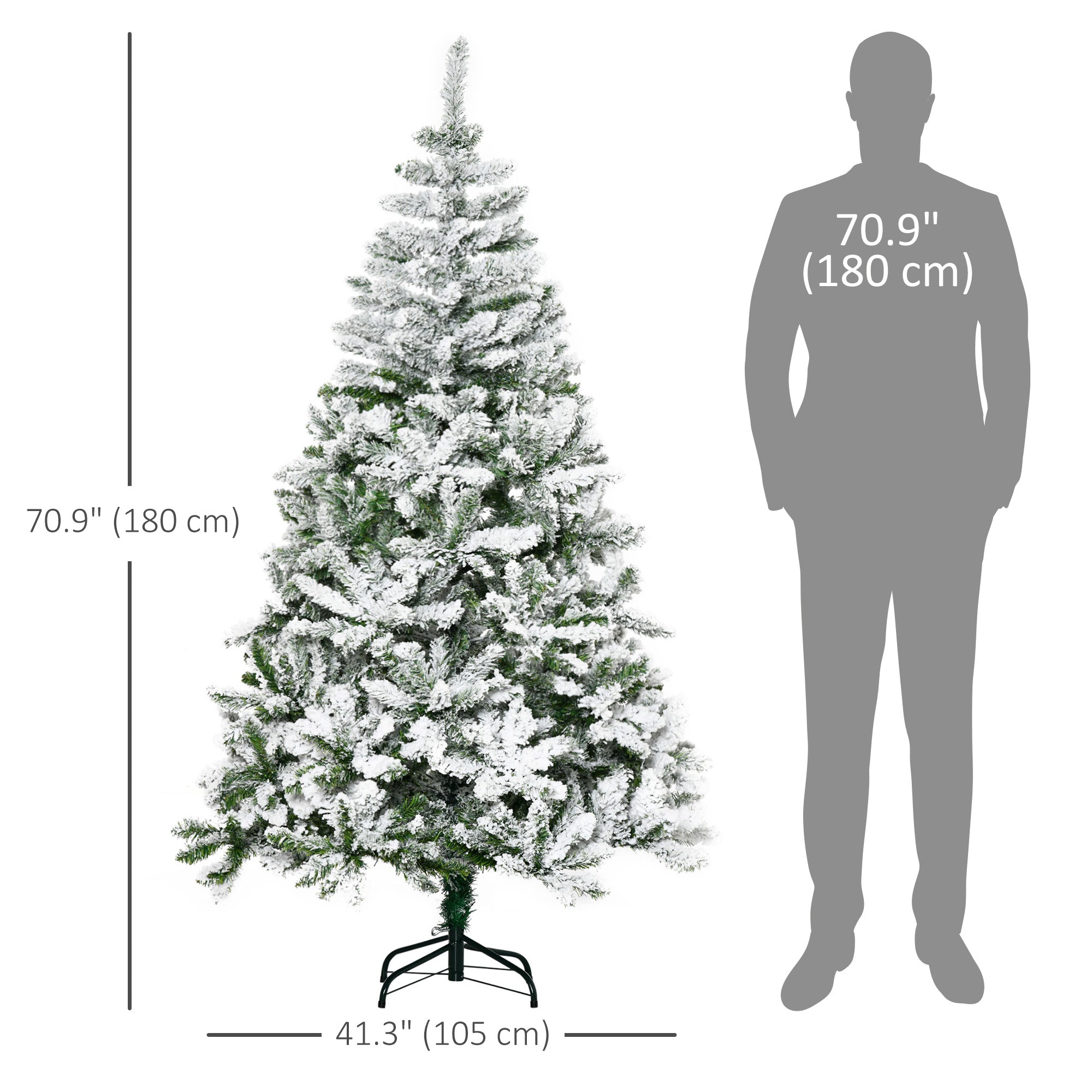 HOMCOM 6ft Snow Flocked Artificial Christmas Tree, Unlit Pine Christmas Tree with 750 Branches Tips, Steel Base, Automatic Open for Indoor Home Holiday Decoration, Green