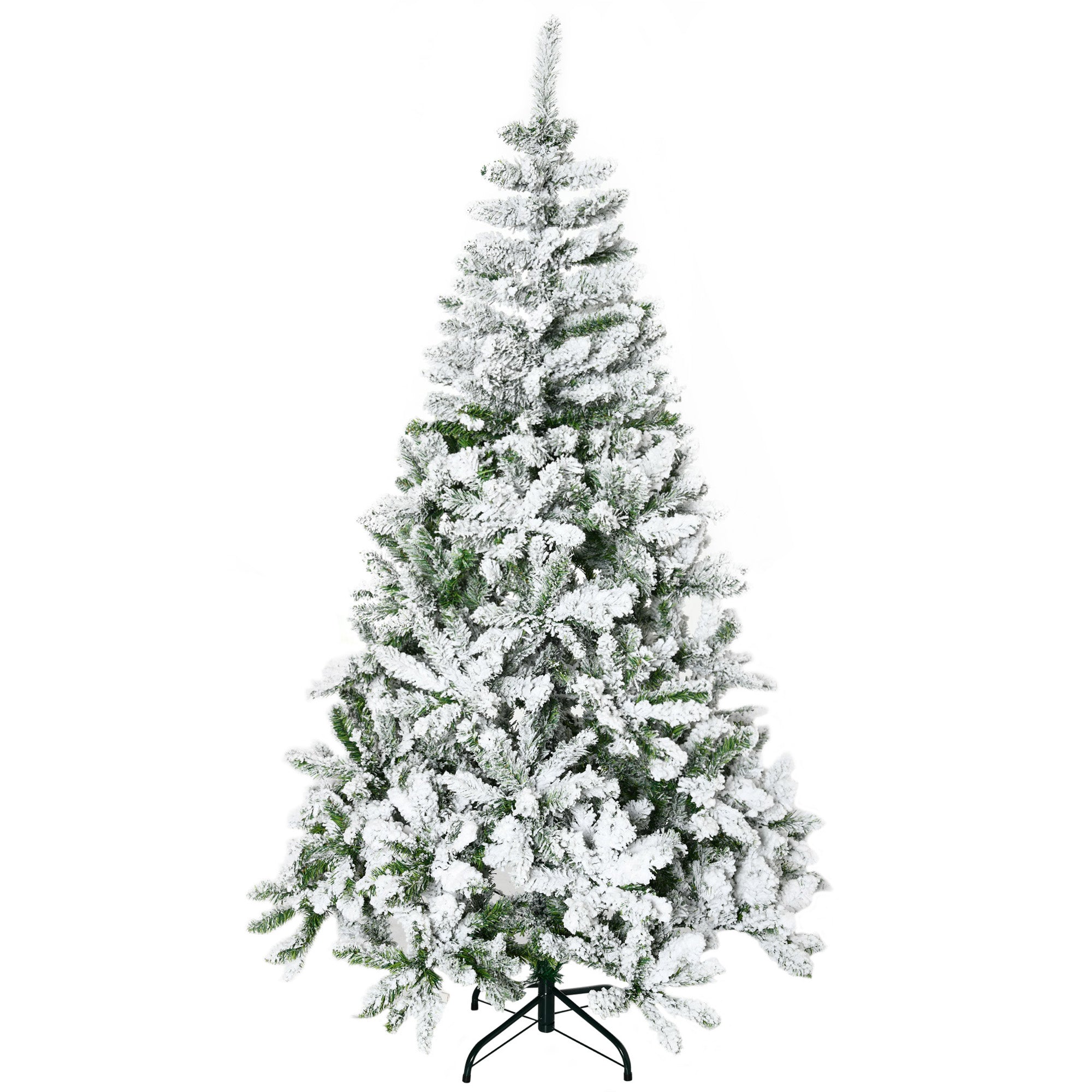 HOMCOM 6ft Snow Flocked Artificial Christmas Tree, Unlit Pine Christmas Tree with 750 Branches Tips, Steel Base, Automatic Open for Indoor Home Holiday Decoration, Green