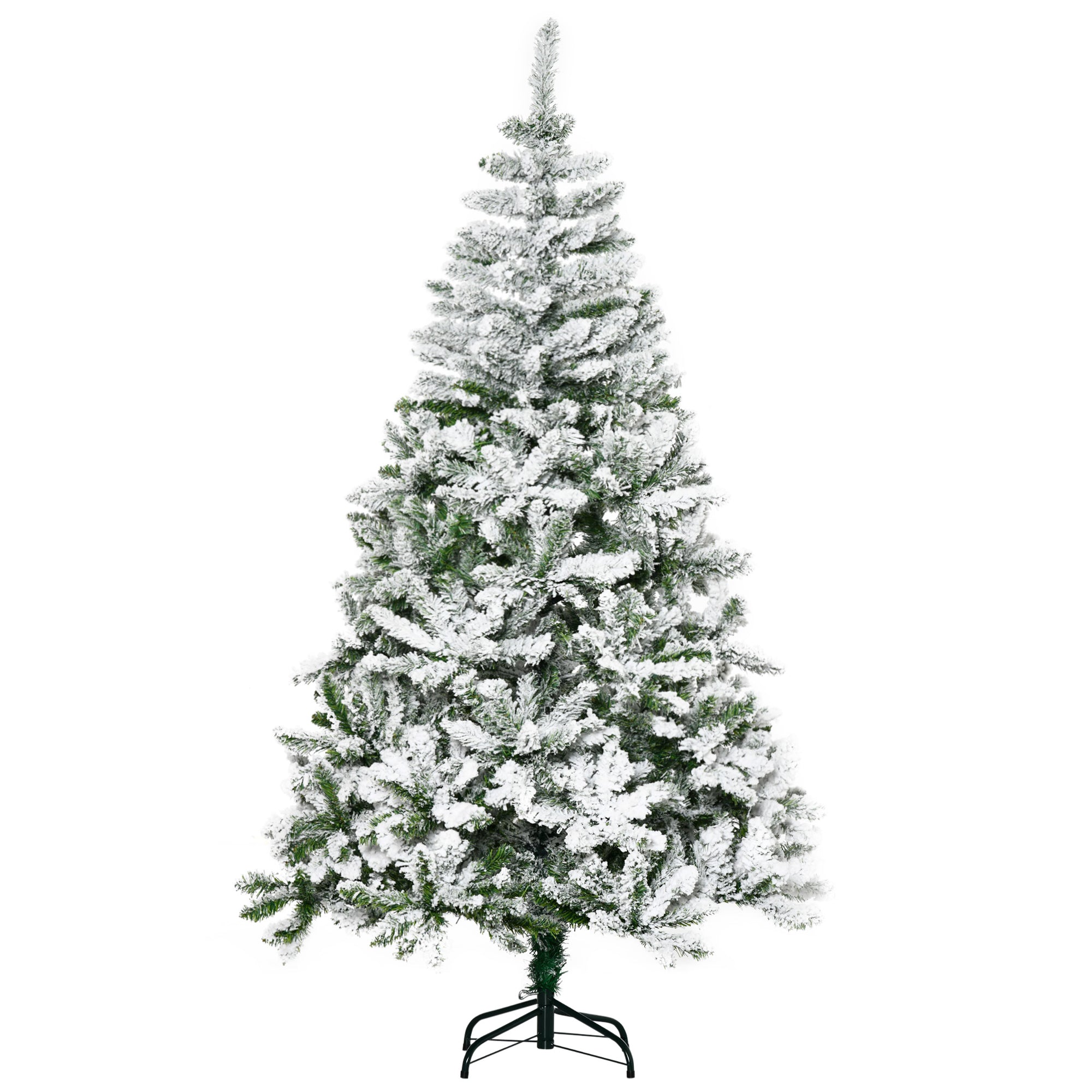 HOMCOM 6ft Snow Flocked Artificial Christmas Tree, Unlit Pine Christmas Tree with 750 Branches Tips, Steel Base, Automatic Open for Indoor Home Holiday Decoration, Green