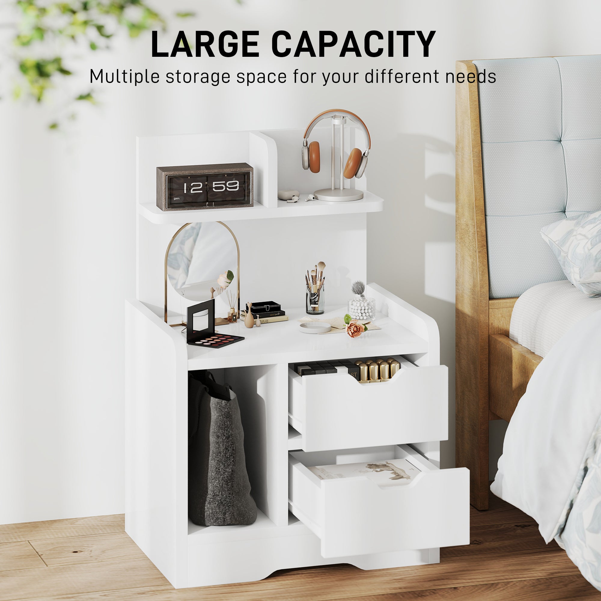 Bedside Table, Small Bedside Cabinet with 2 Drawers and Storage Shelves, Modern Nightstand for Bedroom, High Gloss White