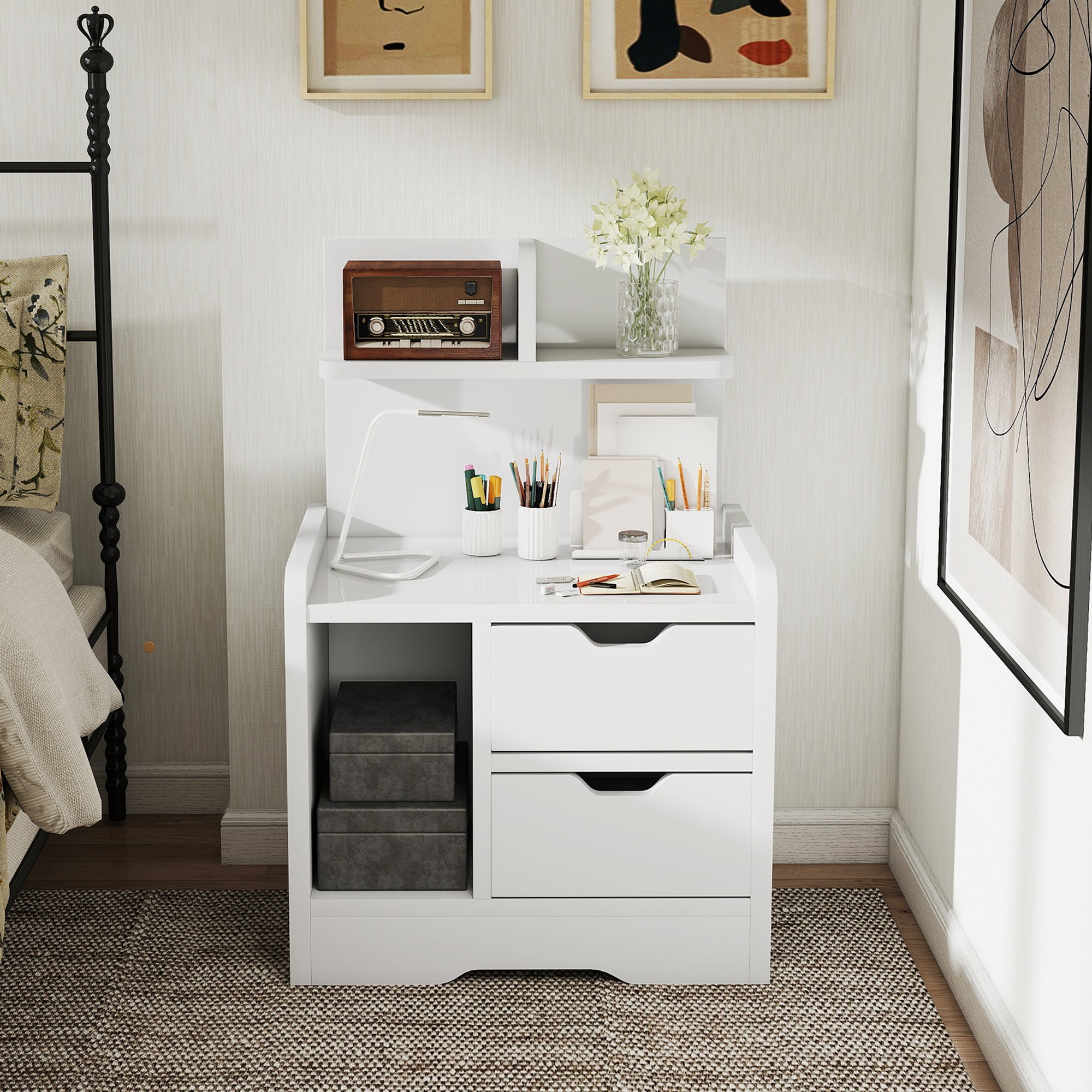 Bedside Table, Small Bedside Cabinet with 2 Drawers and Storage Shelves, Modern Nightstand for Bedroom, High Gloss White