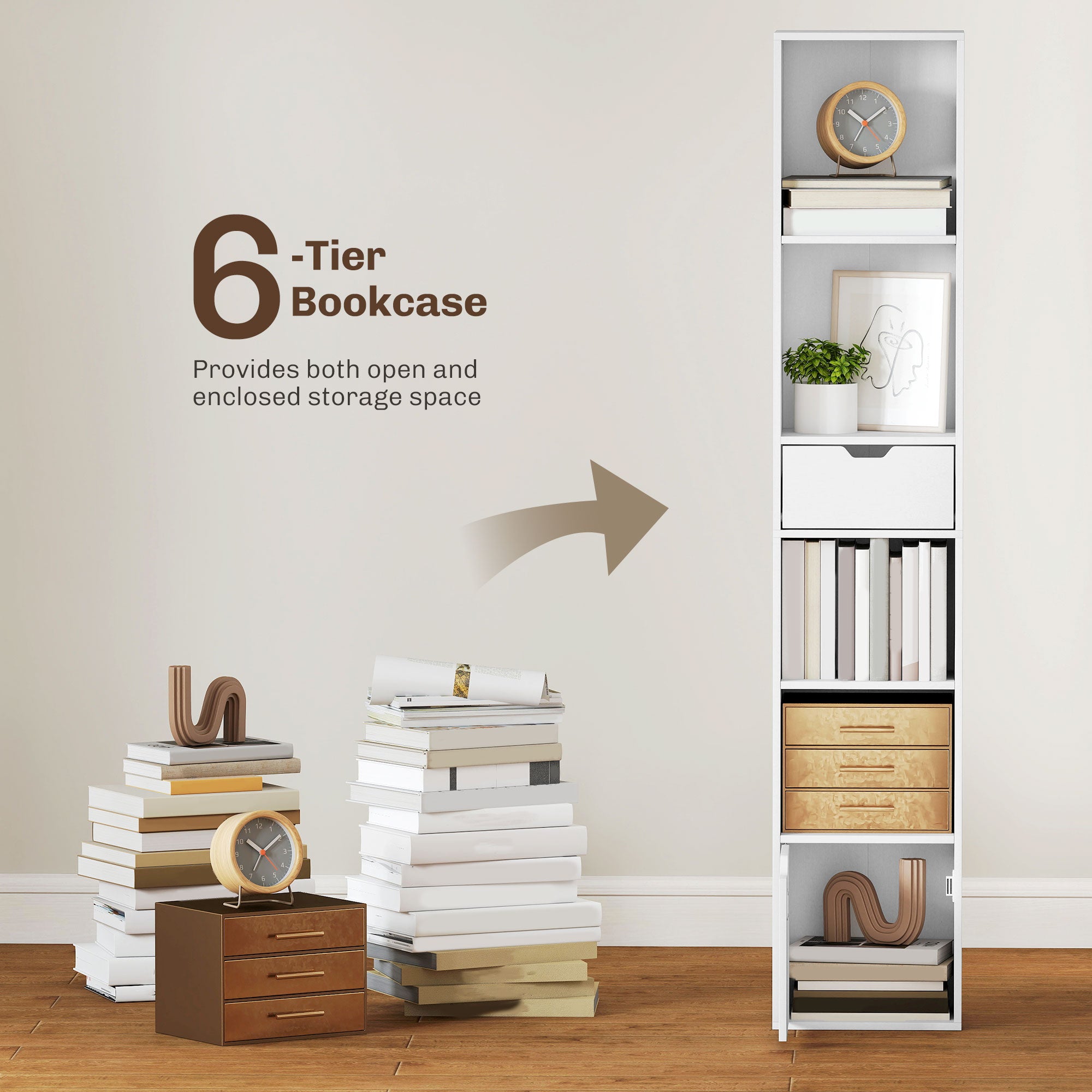 6-Tier Bookshelf, Tall Narrow Bookcase with Drawer, Door, Adjustable Shelf, Modern Display Standing Shelf Unit for Living Room, Home Office, Bedroom, White