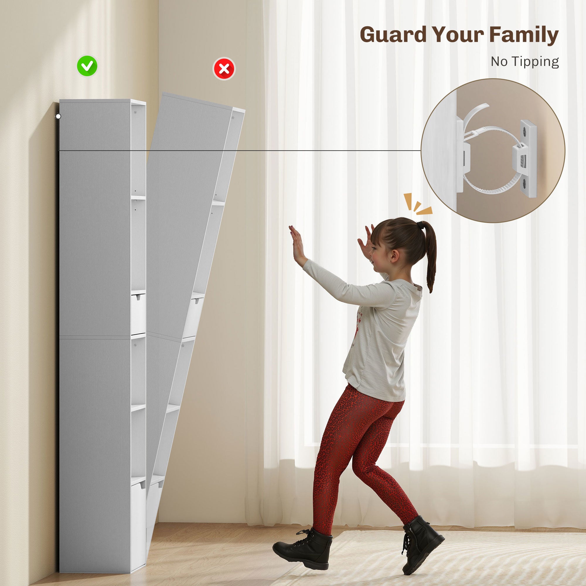 6-Tier Bookshelf, Tall Narrow Bookcase with Drawer, Door, Adjustable Shelf, Modern Display Standing Shelf Unit for Living Room, Home Office, Bedroom, White