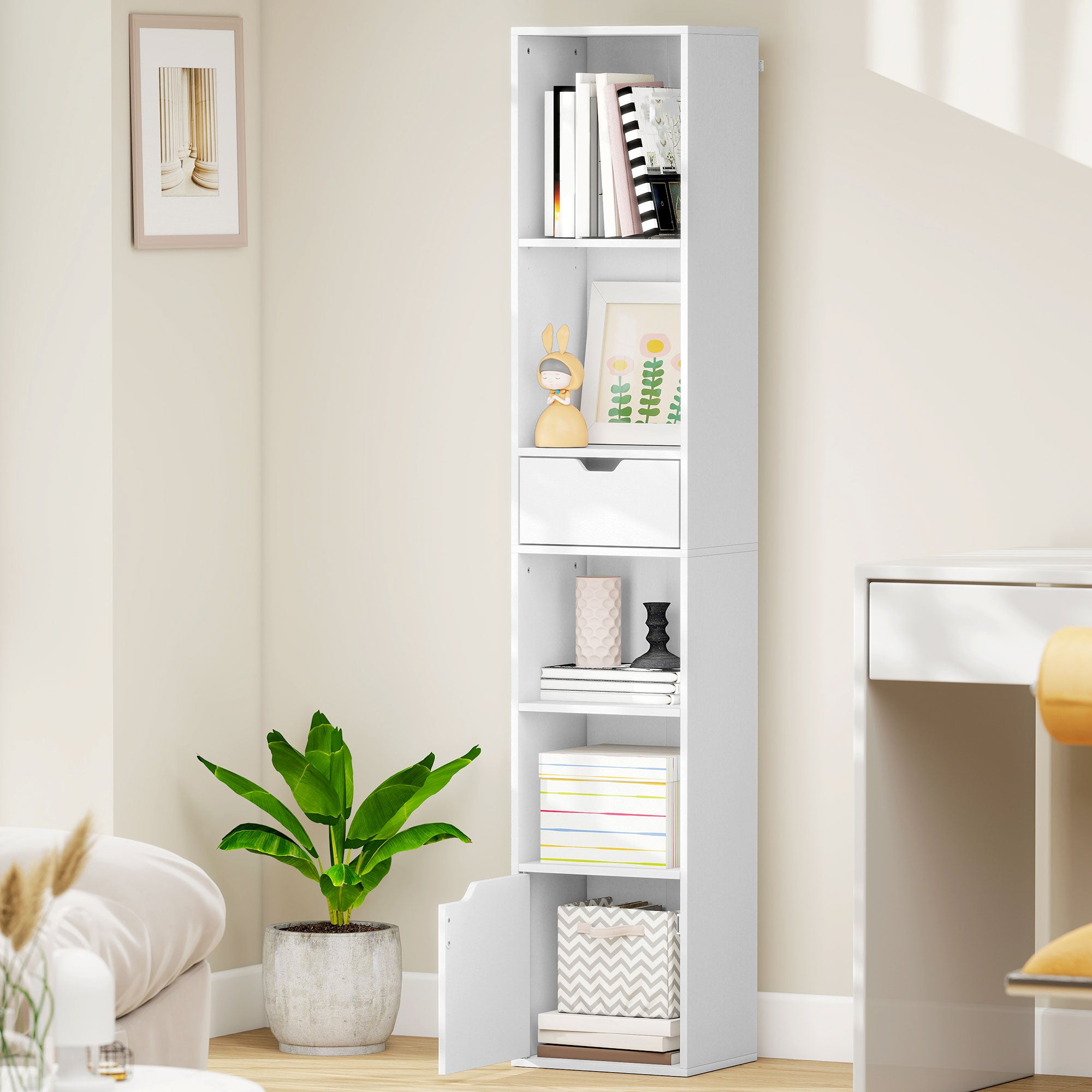 6-Tier Bookshelf, Tall Narrow Bookcase with Drawer, Door, Adjustable Shelf, Modern Display Standing Shelf Unit for Living Room, Home Office, Bedroom, White