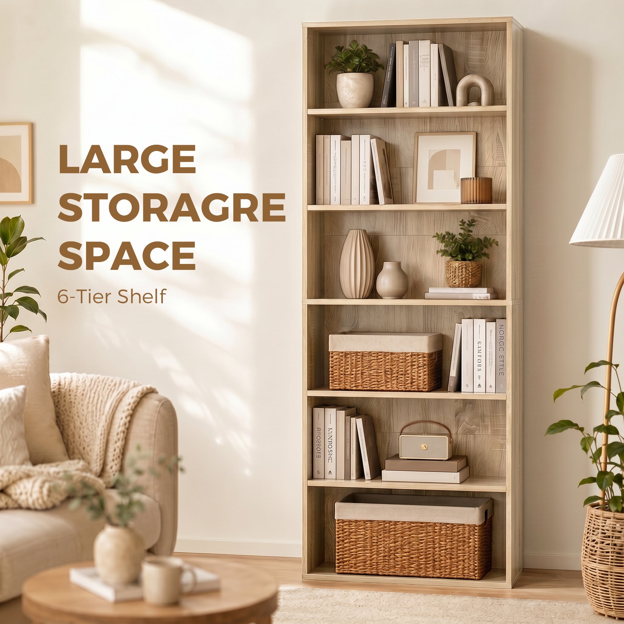 6 Tier Bookshelf, Freestanding Bookcase with Adjustable Shelves, Display Storage Unit for Living Room, Bedroom, Study, 60 x 24 x 158.5 cm, Oak Wood Effect