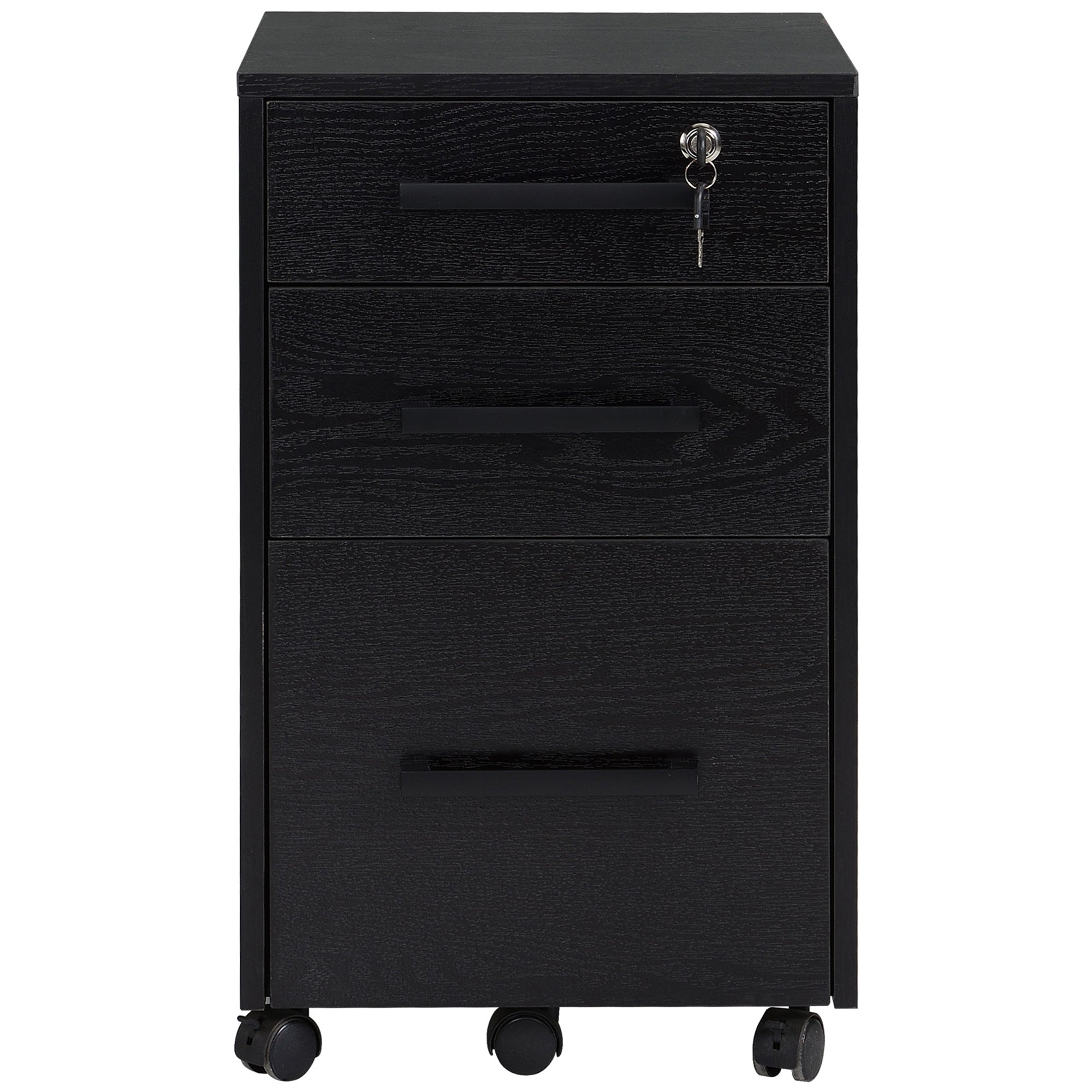 HOMCOM 3 Drawer File Cabinet with Lock and Flat Top, Lockable Filing Cabinet on Wheels with Hanging Bars for Letter and A4 Size, Black