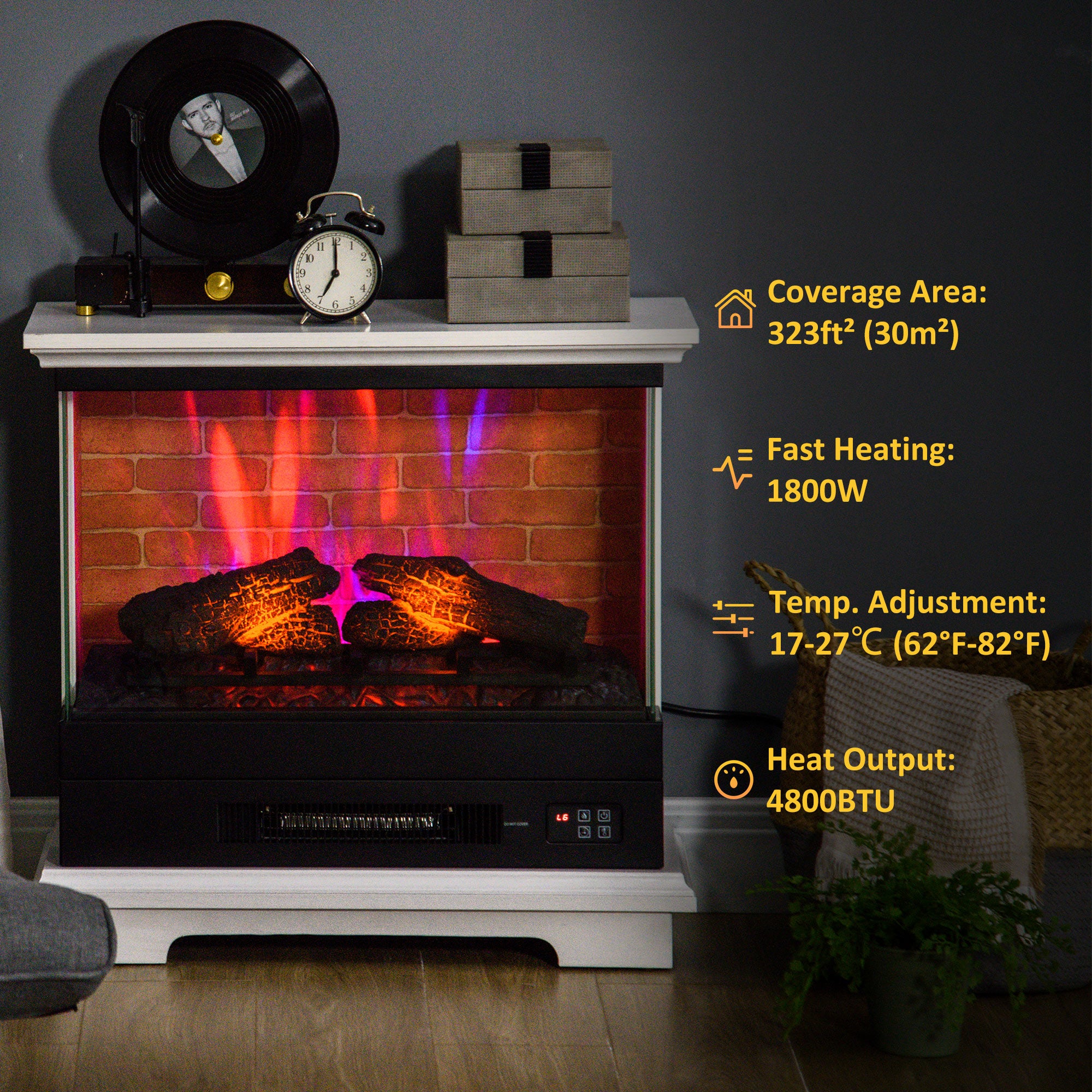 HOMCOM 26" Electric Fireplace Stove, 1400W Freestanding Fireplace Heater with Adjustable Temperature, Overheat Protection, Remote Control, Timer, 7 Brightness Settings, White