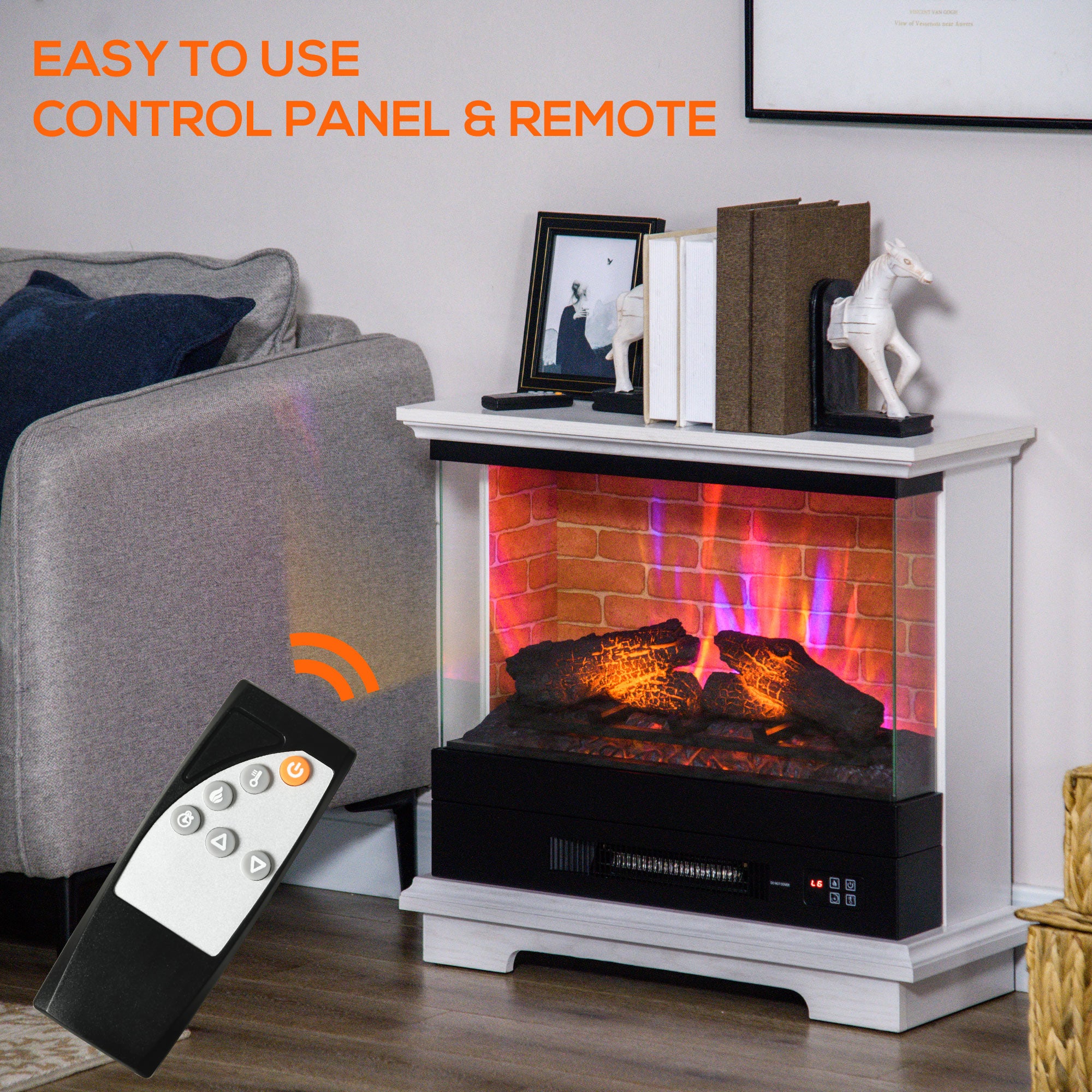 HOMCOM 26" Electric Fireplace Stove, 1400W Freestanding Fireplace Heater with Adjustable Temperature, Overheat Protection, Remote Control, Timer, 7 Brightness Settings, White