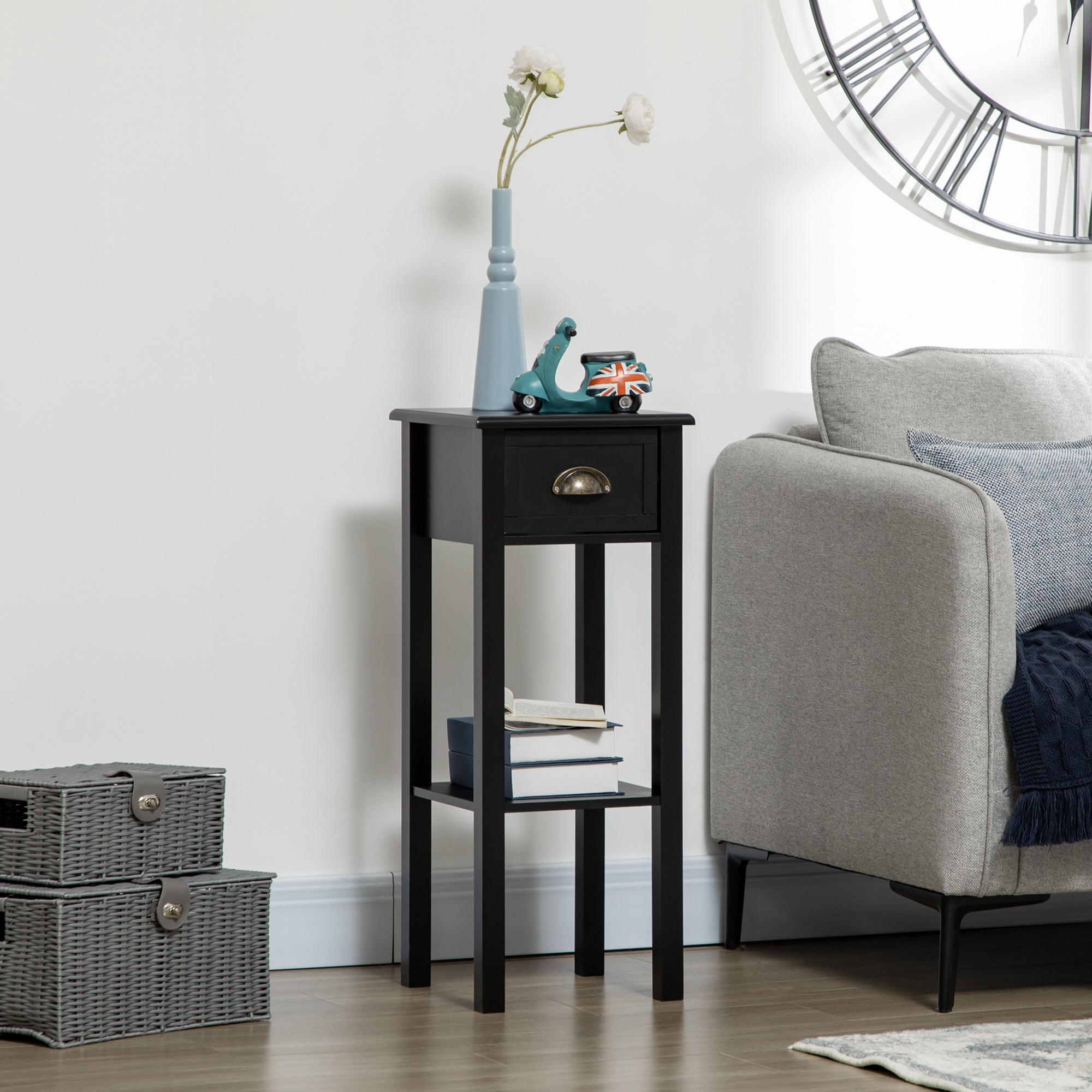 2 Tier Side Table with Drawer Shelf End Table for Living Room Hallway Black