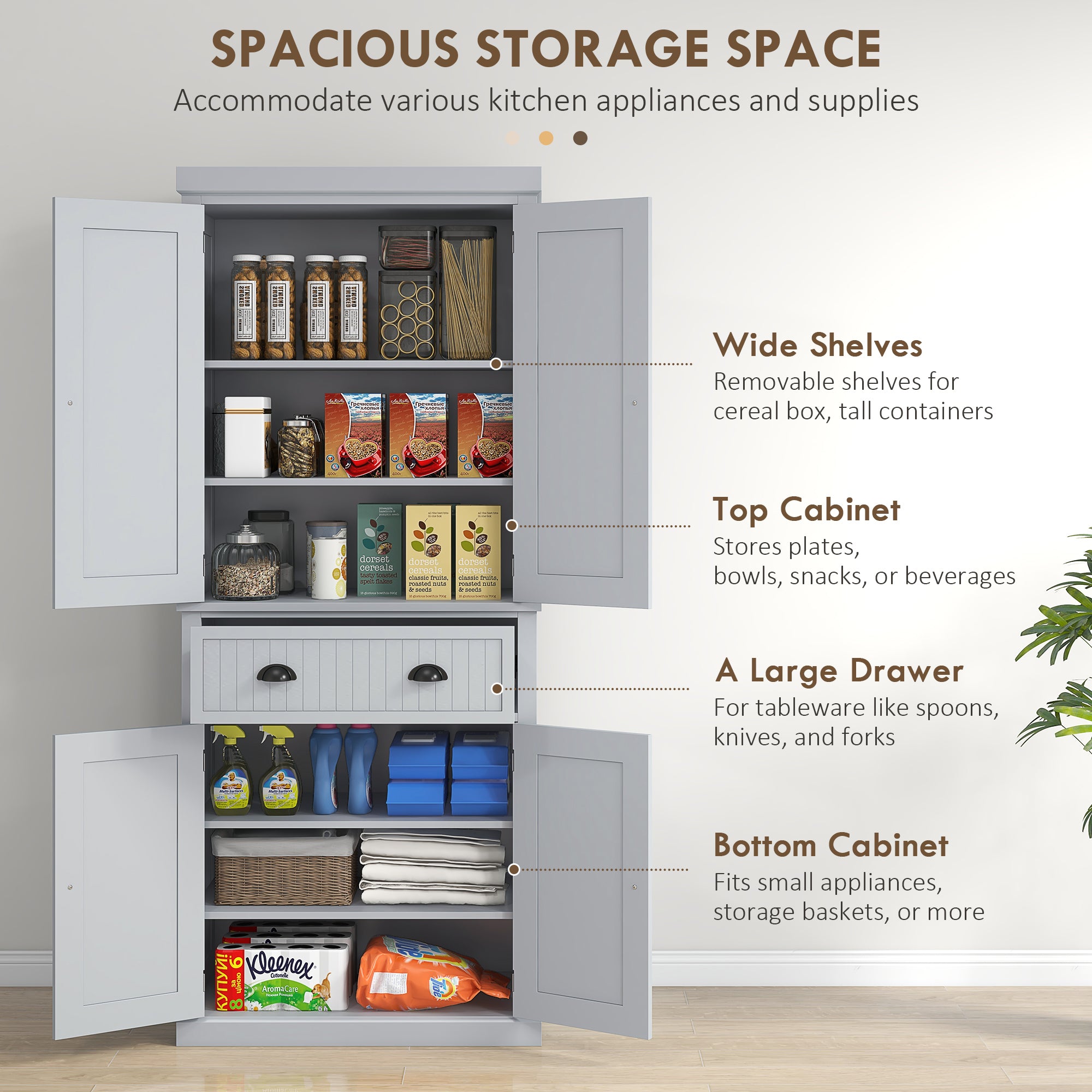 HOMCOM 183cm Freestanding Kitchen Cupboard, Tall Storage Cabinet with 4 Doors and 3 Adjustable Shelves, Traditional Kitchen Pantry Cupboard for Dining Room, Grey