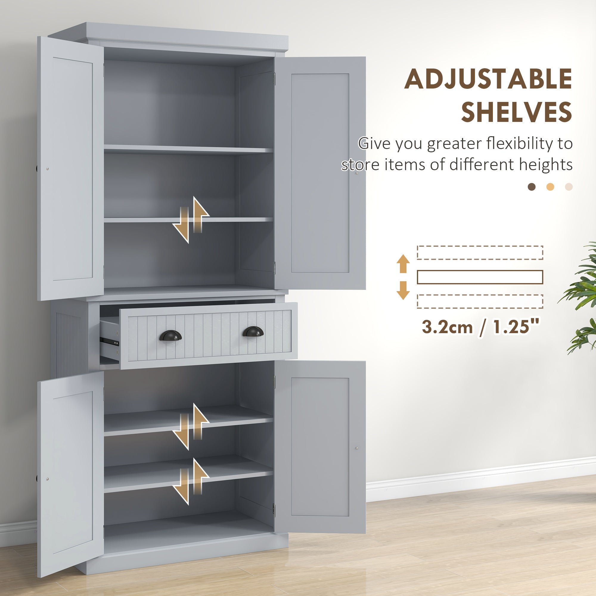 HOMCOM 183cm Freestanding Kitchen Cupboard, Tall Storage Cabinet with 4 Doors and 3 Adjustable Shelves, Traditional Kitchen Pantry Cupboard for Dining Room, Grey