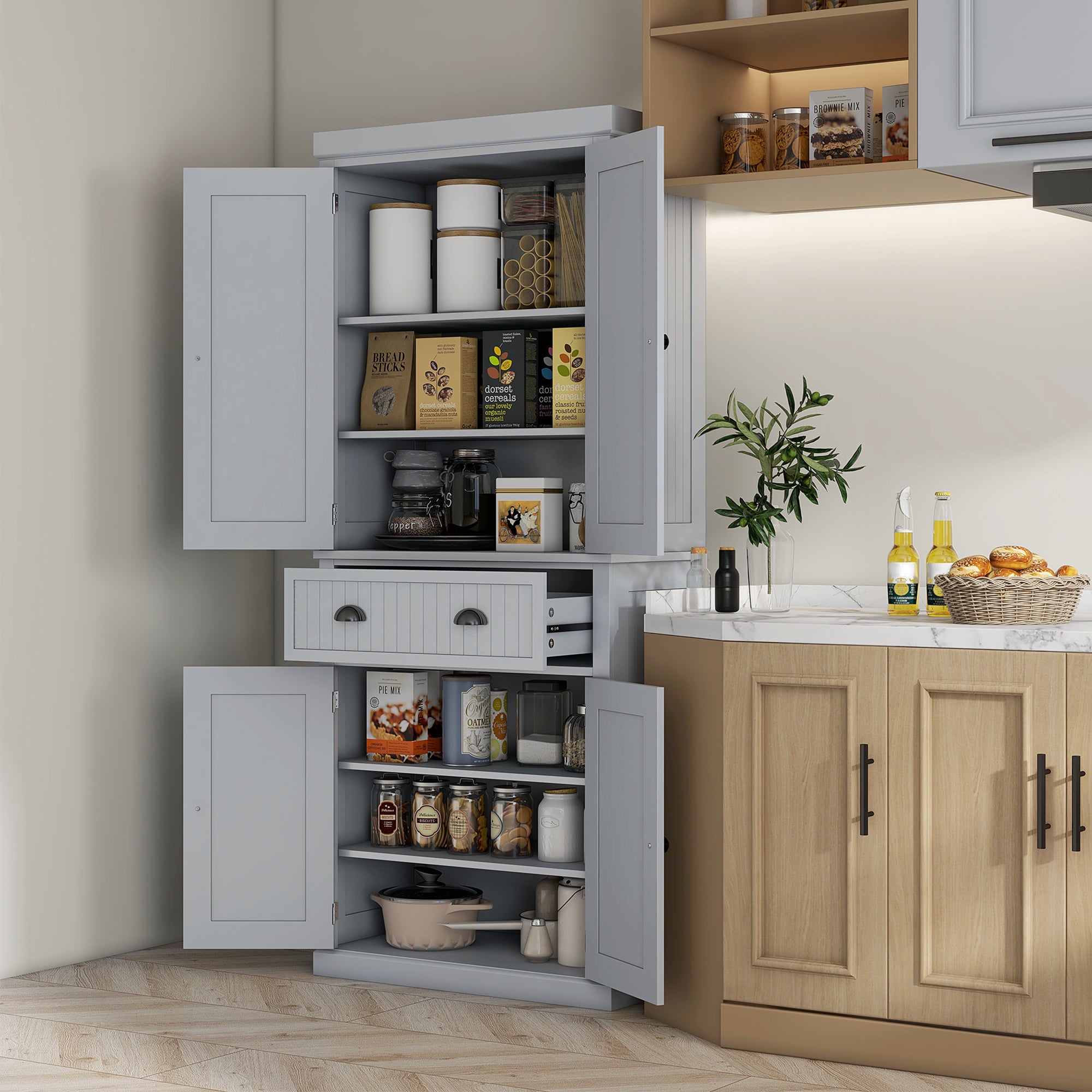 HOMCOM 183cm Freestanding Kitchen Cupboard, Tall Storage Cabinet with 4 Doors and 3 Adjustable Shelves, Traditional Kitchen Pantry Cupboard for Dining Room, Grey