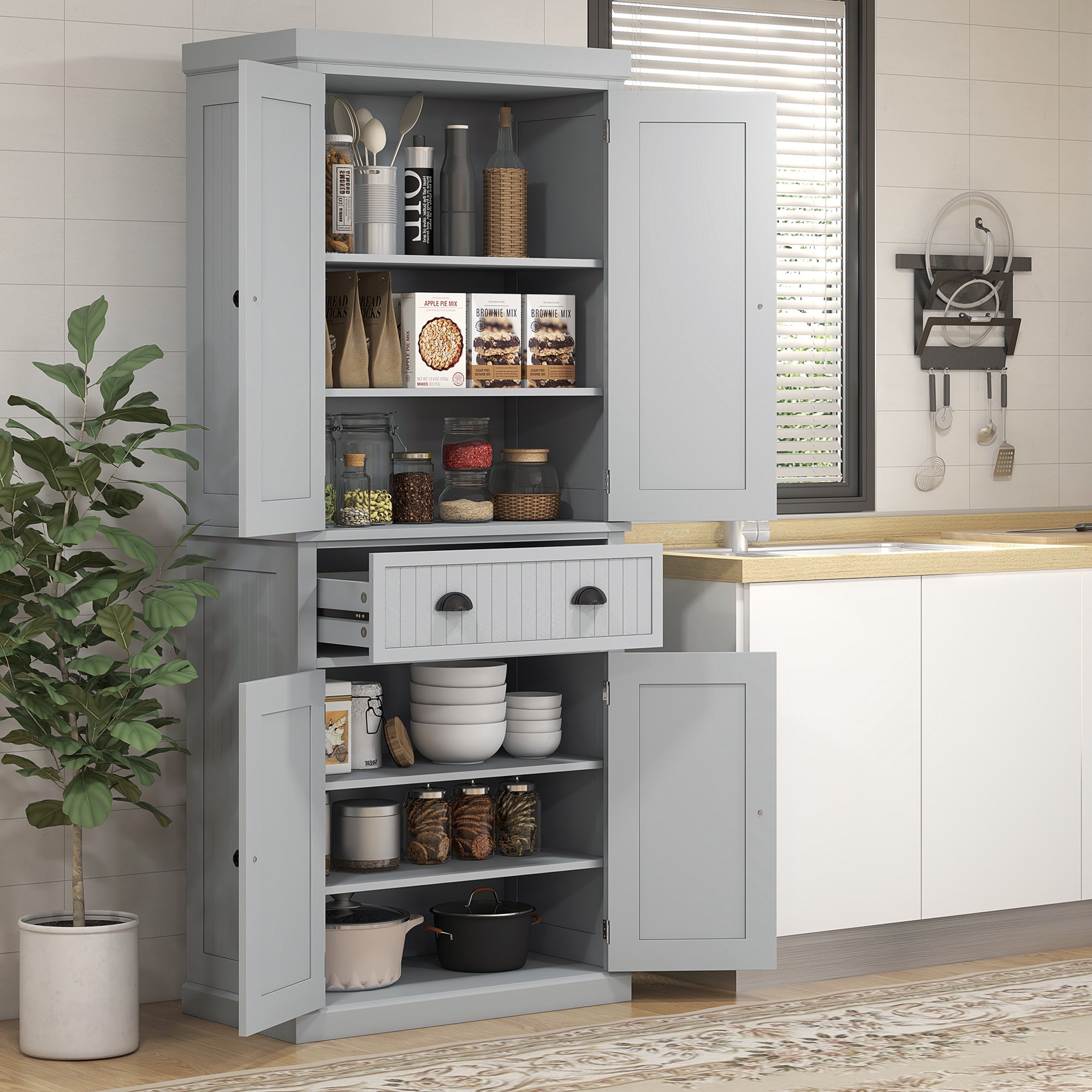 HOMCOM 183cm Freestanding Kitchen Cupboard, Tall Storage Cabinet with 4 Doors and 3 Adjustable Shelves, Traditional Kitchen Pantry Cupboard for Dining Room, Grey